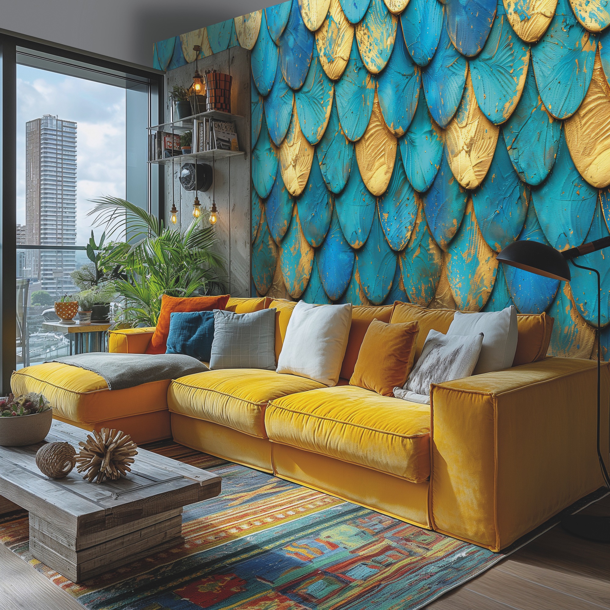 living walls Vliestapete "Fototapete Schuppenoptik Gold Blau erweiterbar" 3D-Optik strukturiert