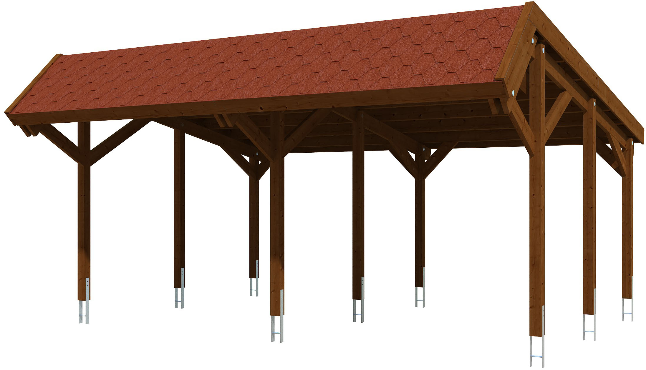 Skanholz Doppelcarport "Harz" Massivholz 291 cm Nussbaum mit roten Schindeln