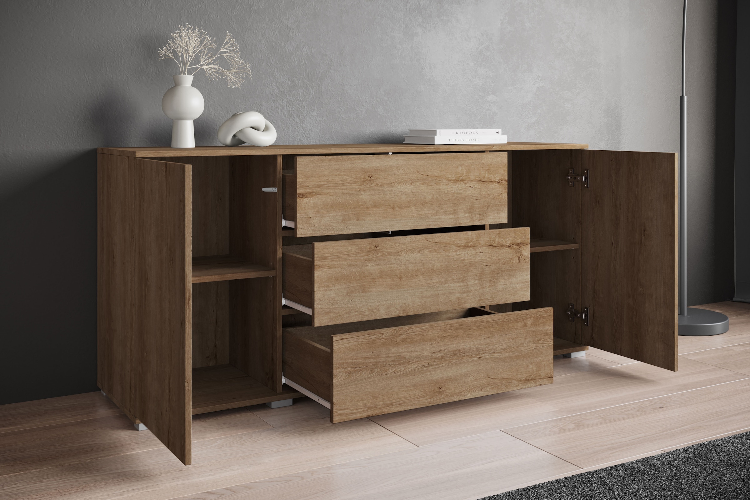 INOSIGN Sideboard »Kenia«, (1 St.), Modernes Sideboard mit 3 Schubladen und 4 Fächern, Breite 150 cm
