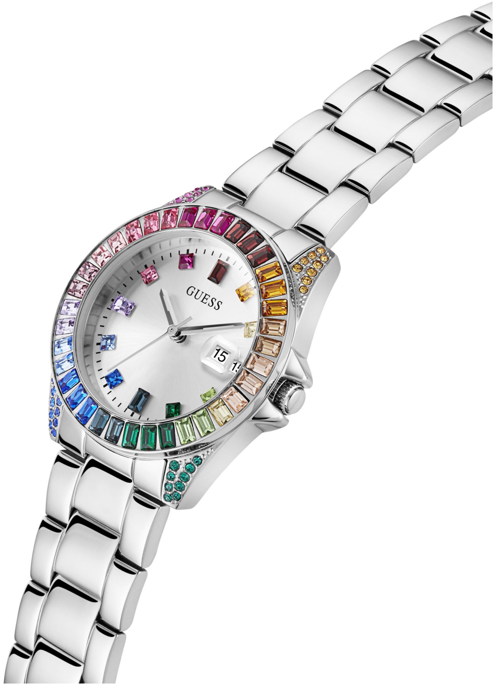 Guess Quarzuhr »OPALINE«, Armbanduhr, Damenuhr, Datum, Kristallsteine, Mineralglas, analog