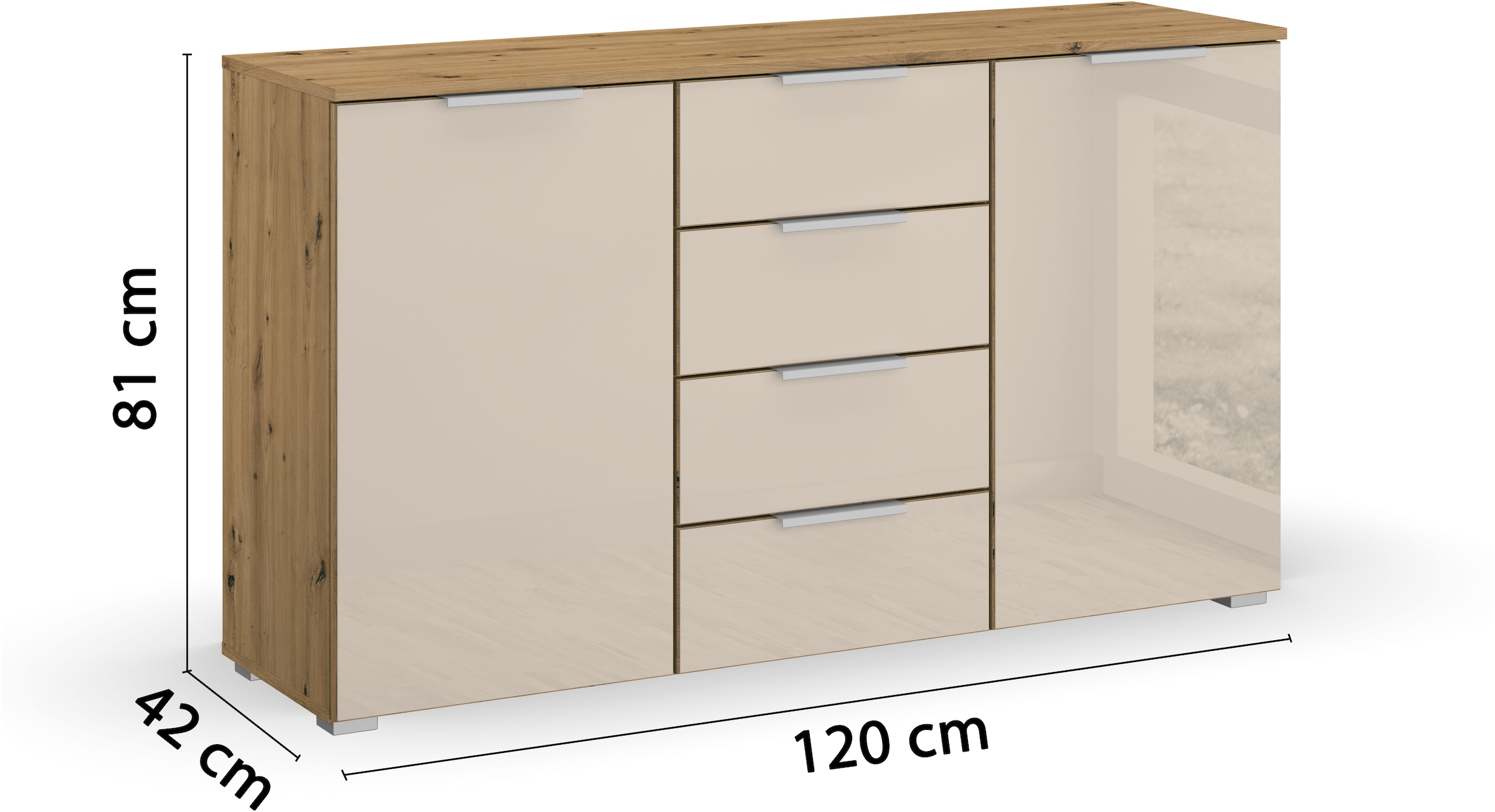 rauch Schubkastenkommode »Sideboard Kommode Kombikommode KOLUNA mit Glasfront«, (Breite 120 cm inkl. Soft-Close-Funktion), vier große Schubladen, mit insgesamt 4 Einlegeböden MADE IN GERMANY