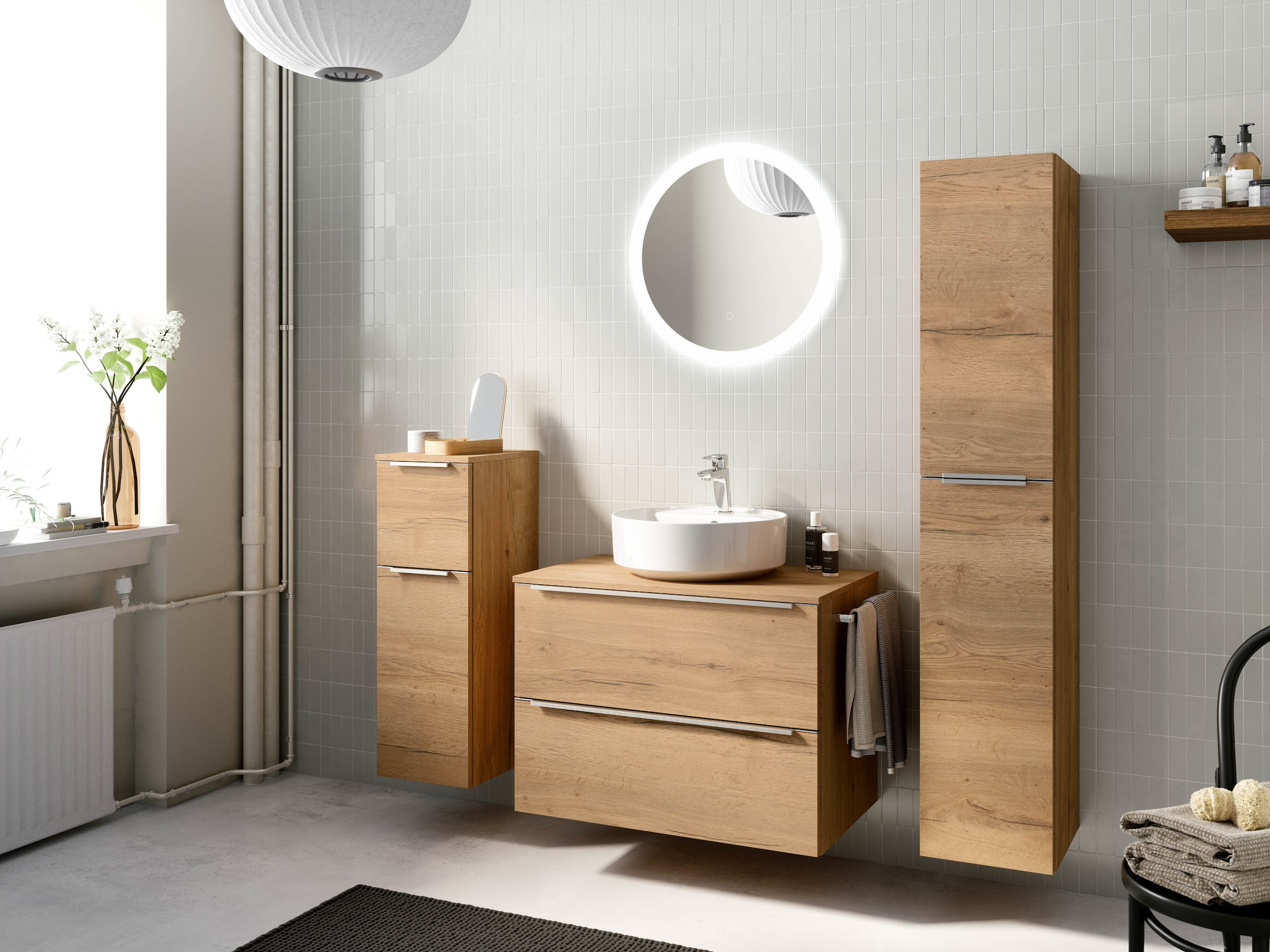 nobilia® Badmöbel-Set »Alvene«, (2 St., vormontiert, mit Soft-Close), inkl. Spiegel mit Touch-Sensor, in vier Breiten