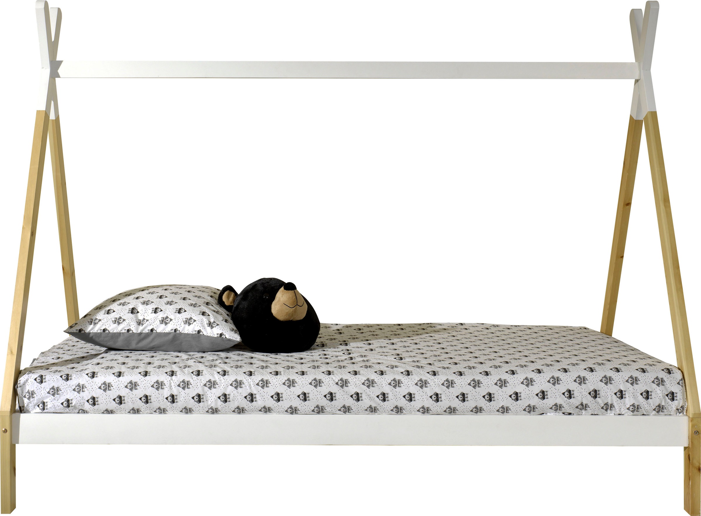 Vipack Kinderbett »TIPI, Kiefer massiv, 2-farbig lackiert, mit Rolllattenrost«, (B/H/T ca. 206x158,2x98cm, Querstange kann hübsch dekoriert werden), 90/200, wahlweise mit oder ohne Schublade