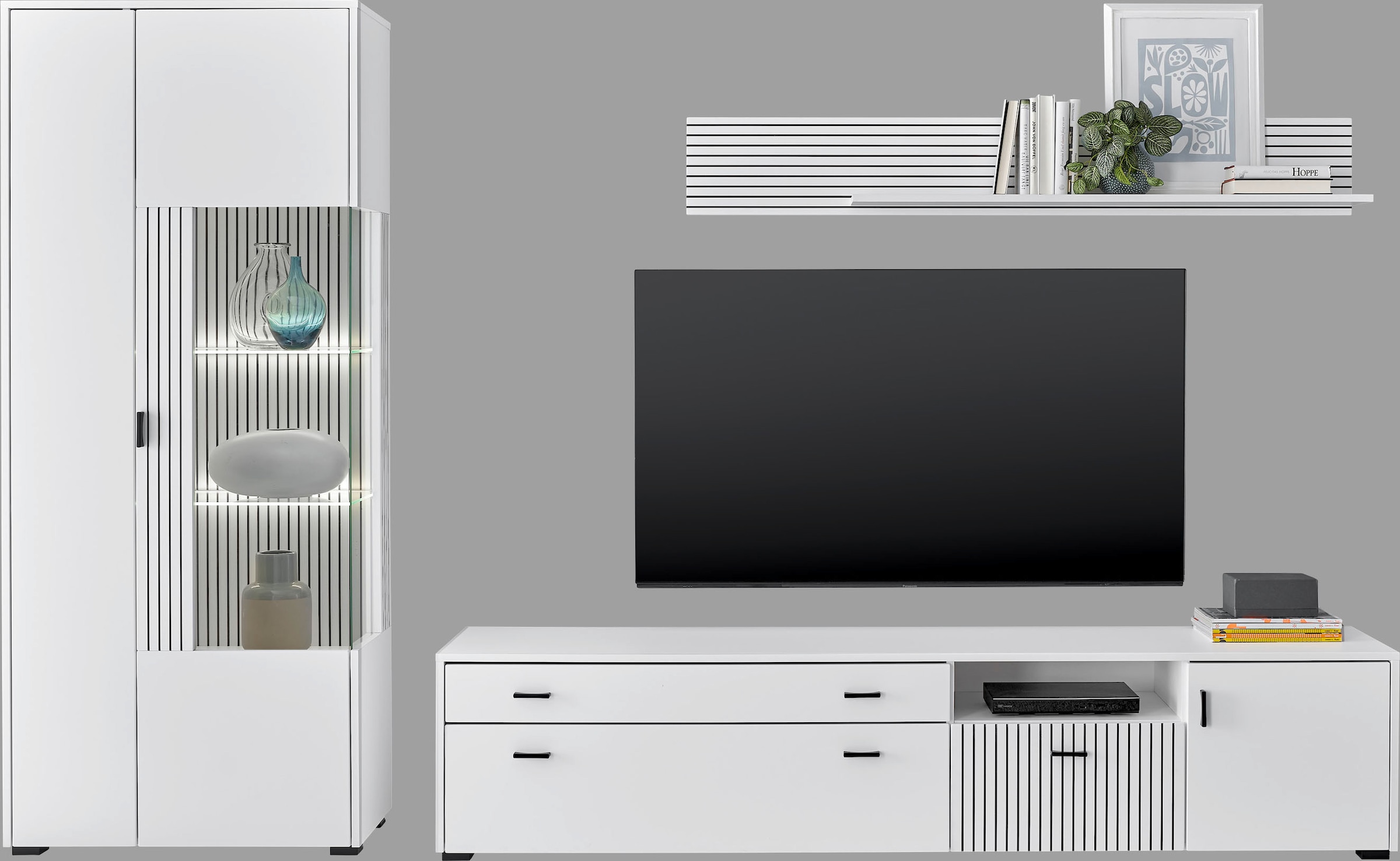 INOSIGN Wohnwand »HUDSON«, (Set, 3 St.), mit moderner Rillenoptik, Griffe aus Metall (Schwarz), Breite 285 cm