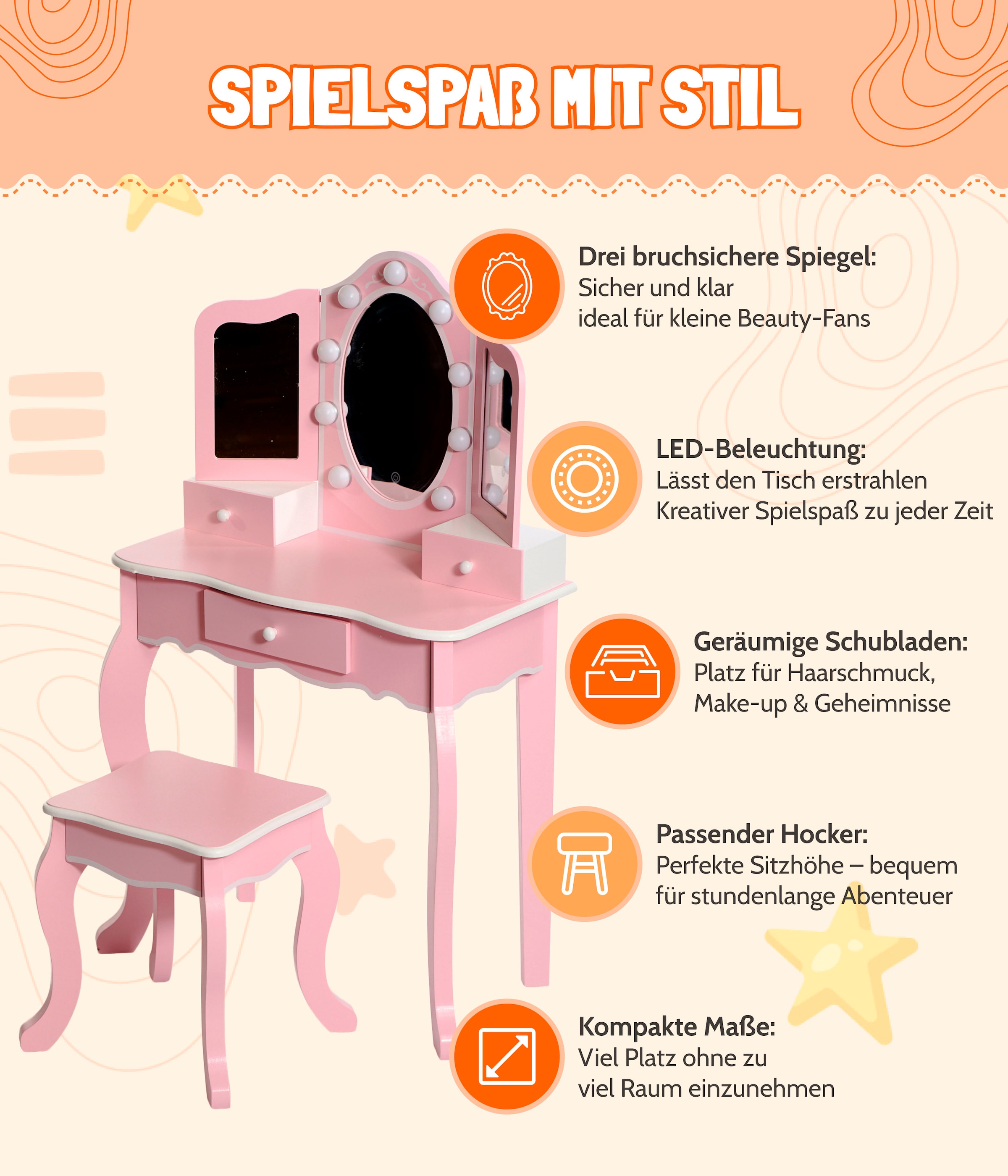 CHIC2000 Schminktisch »pastellrosa«, mit großen LED-Lichter rund um den Spiegel und Hocker