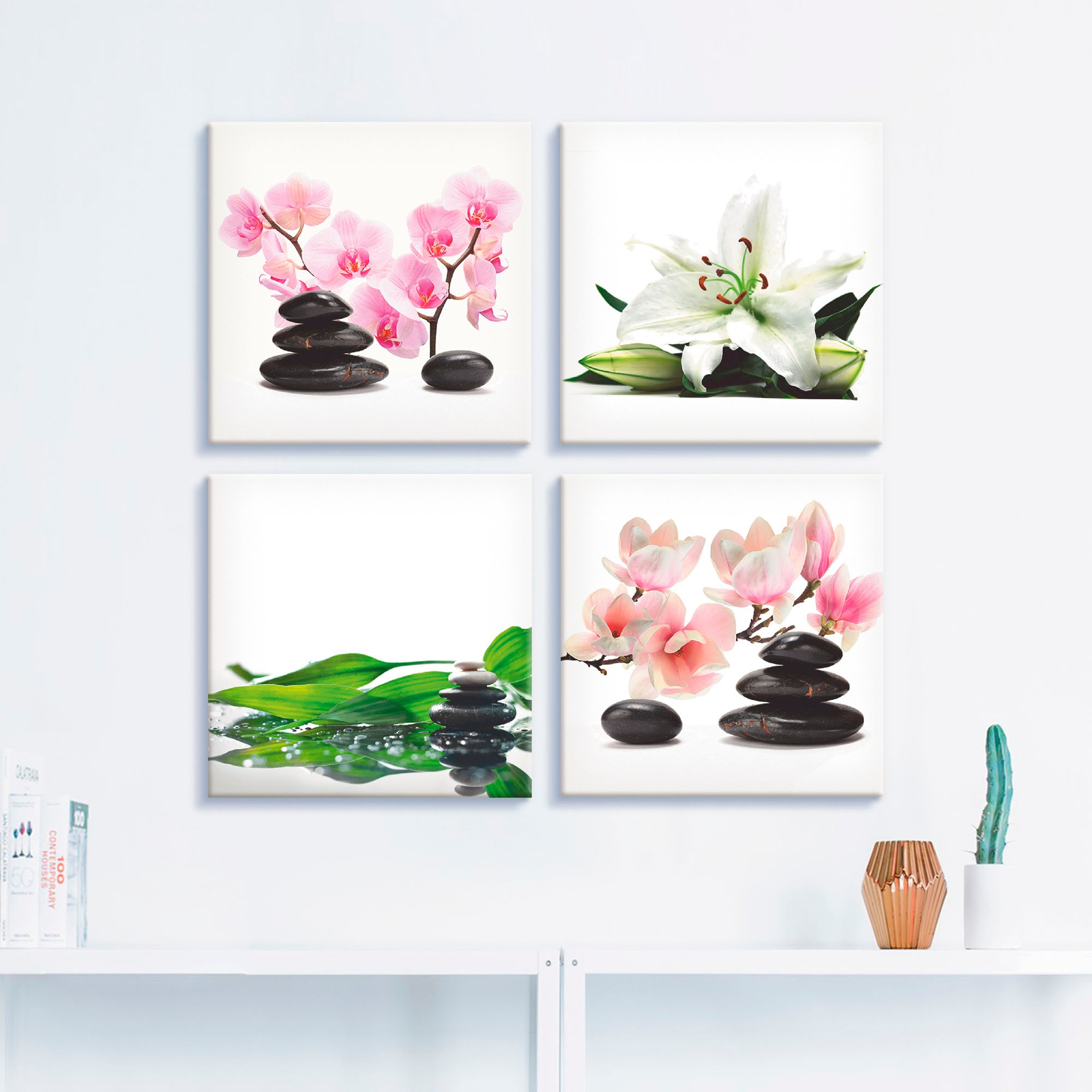 Artland Leinwandbild "Stein Orchidee Lilie Spa Bambus Magnolie" Zen 4 Stk. günstig online kaufen