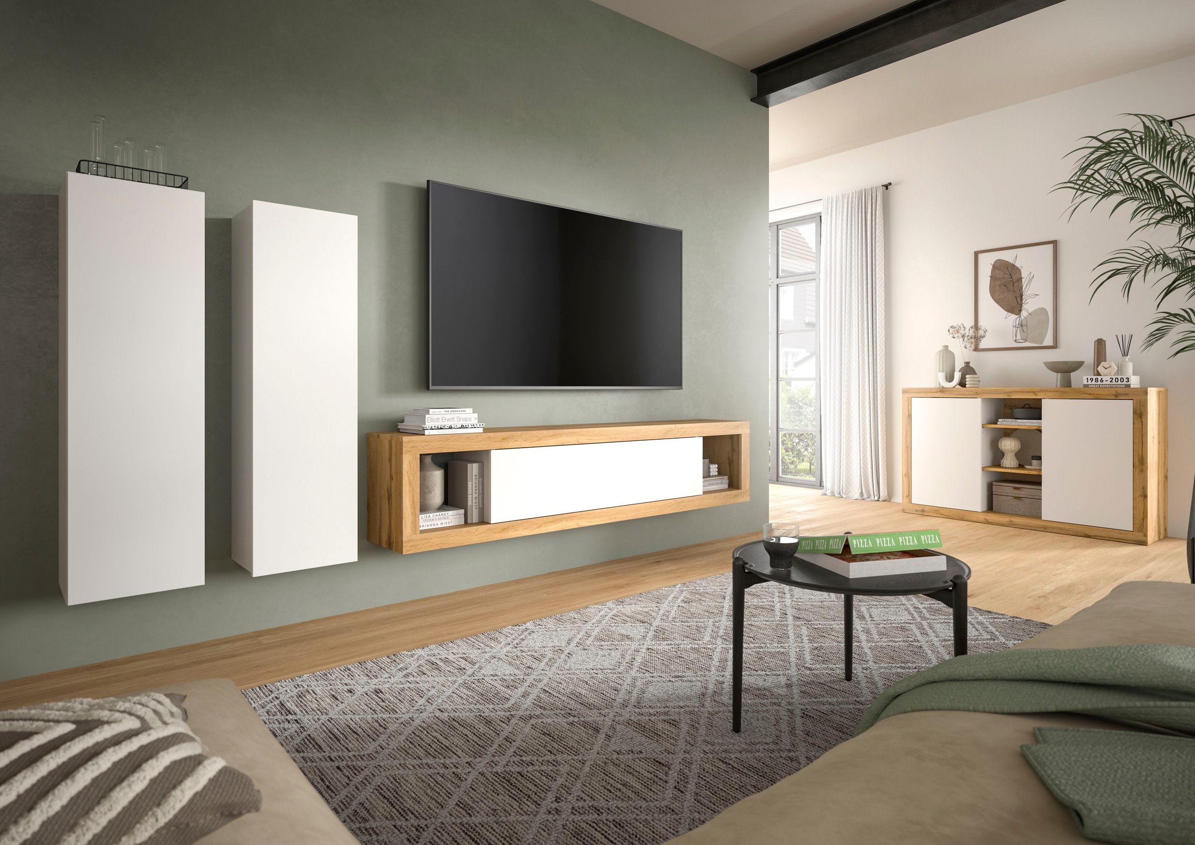 INOSIGN Sideboard »Trinity, Breite 130 cm, 2-türig, 3 offene Fächer, grifflose Fronten«, Anrichte, Kommode, Schrank, Stauraumschrank