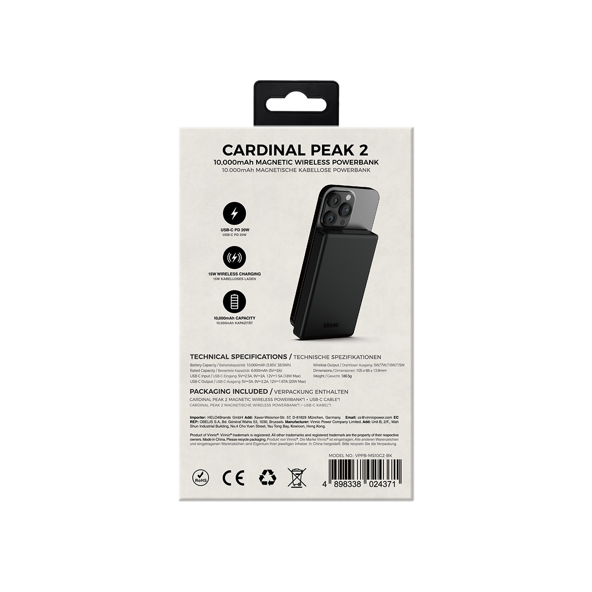 Vinnic Powerbank »Cardinal Peak 2 10.000mAh 20W«, Vinnic Cardinal Peak 2 10000mAh Magnetic Powerbank, Black, 10000 mAh