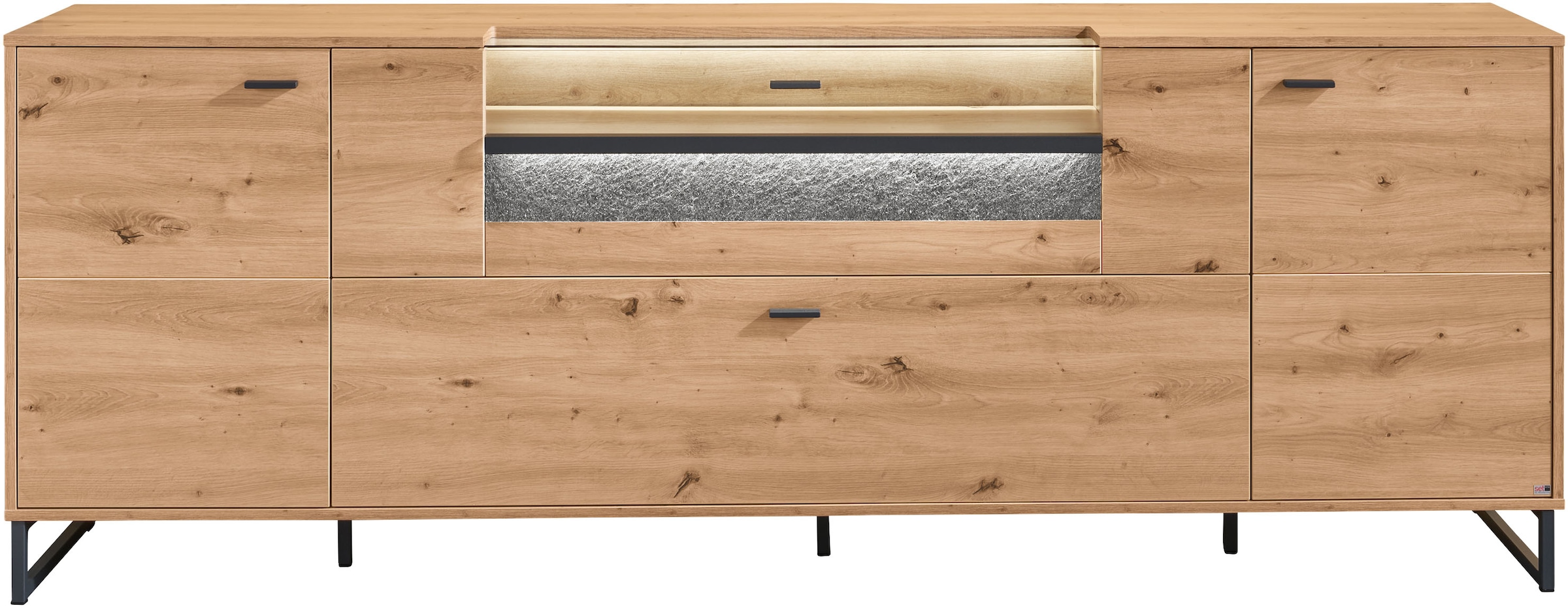 set one by Musterring TV-Schrank »Deltona«, inkl. LED-Beleuchtung, Metallkufe, Sandstein-Zierelement, B229 x H83cm