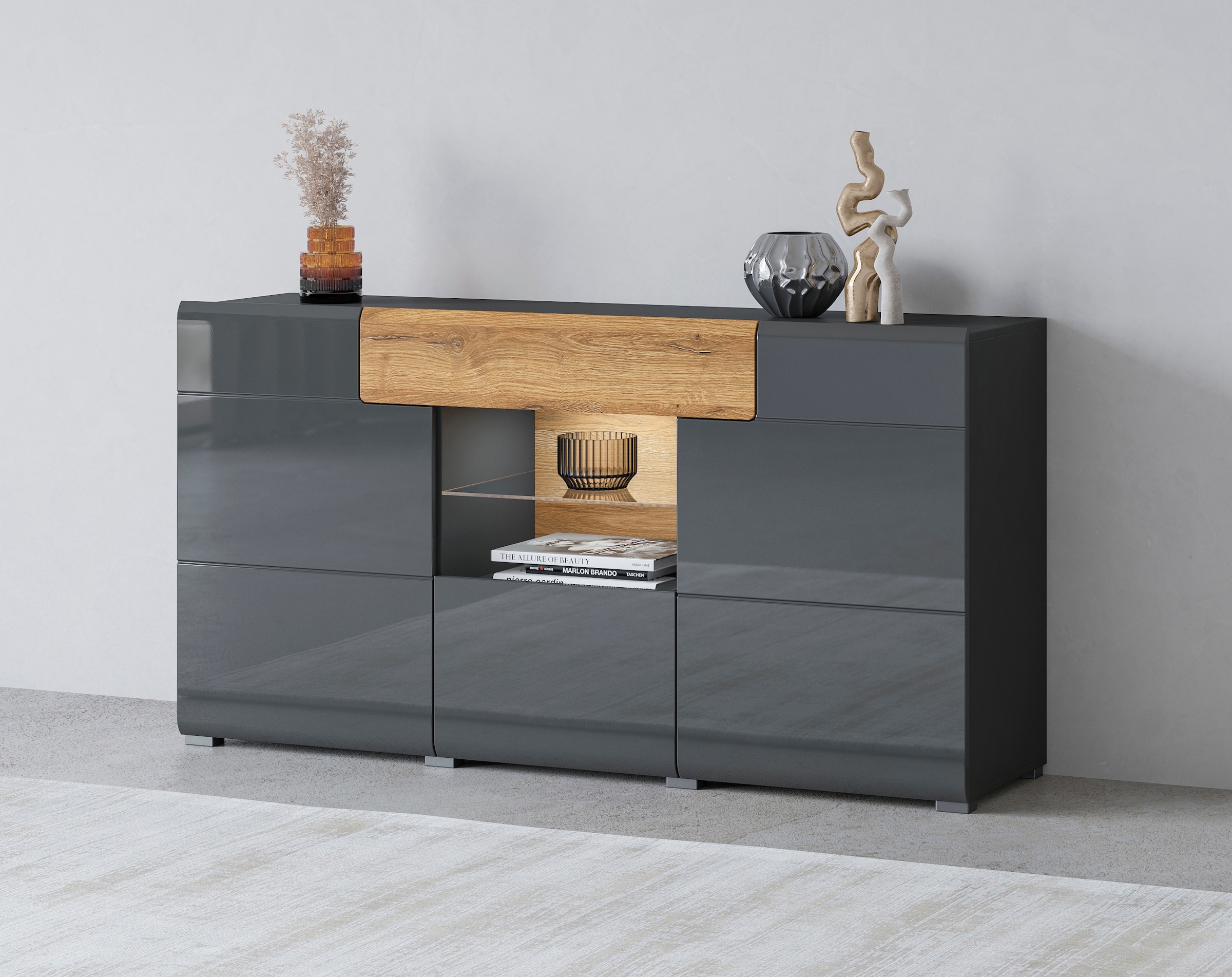 INOSIGN Sideboard "Toledo,Breite 159cm,moderne Anrichte mit dekorative Fräsungen,grifflos", Kommode viel Stauraum, Einle