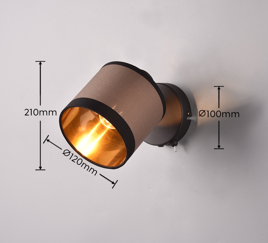 REALITY Leuchten Wandstrahler »DAVOS, Spot 1-flammig exkl 1xE14 max 10W mit Kippschalter Stoffschirm«, 1 flammig, Leuchtmittel E14 | Leuchtmittel wechselbar, Wandspot Stoffschirm zweifarbig Schalter On/Off Ø 12cm Höhe 21cm