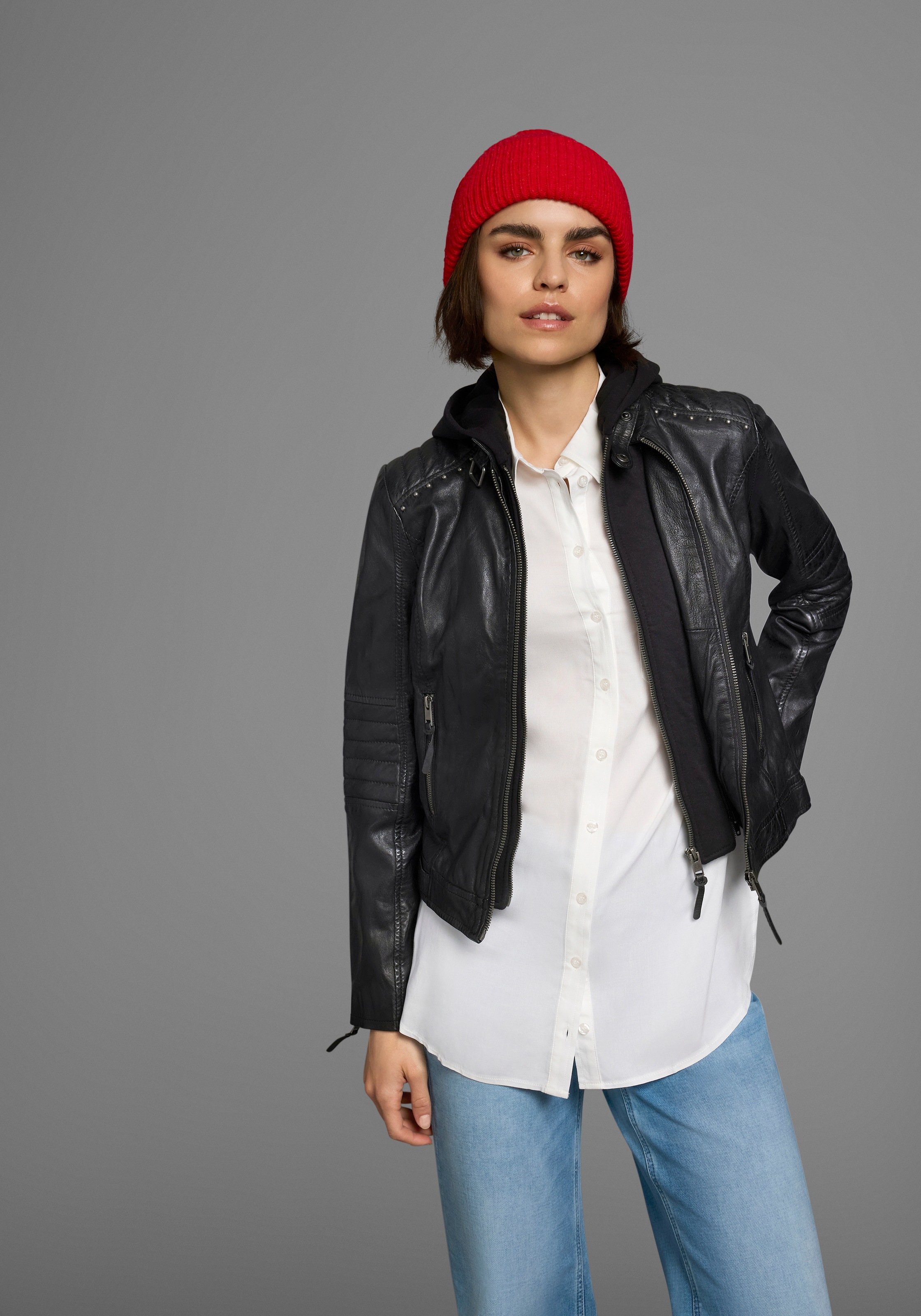 Thumbnail - ALPENBLITZ Lederjacke "Lissabon" mit Kapuze für Sommer und Übergangszeit, aus Lammnappaleder, stylisch