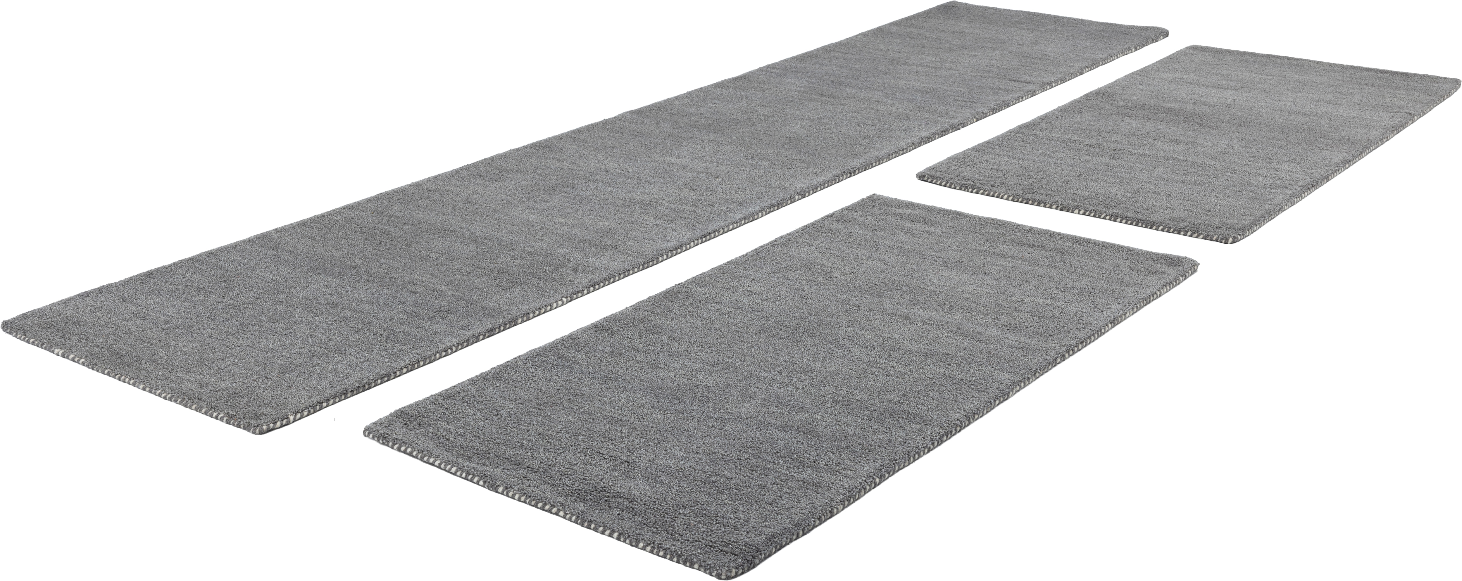 THEKO Bettumrandung "Gabbeh Uni, Handweb Teppich, meliert, reine Wolle" Höhe 14 mm 3 tlg. Bettvorleger, Uni-Farben, handgewebt, Läufer-Set, Schlafzimmer