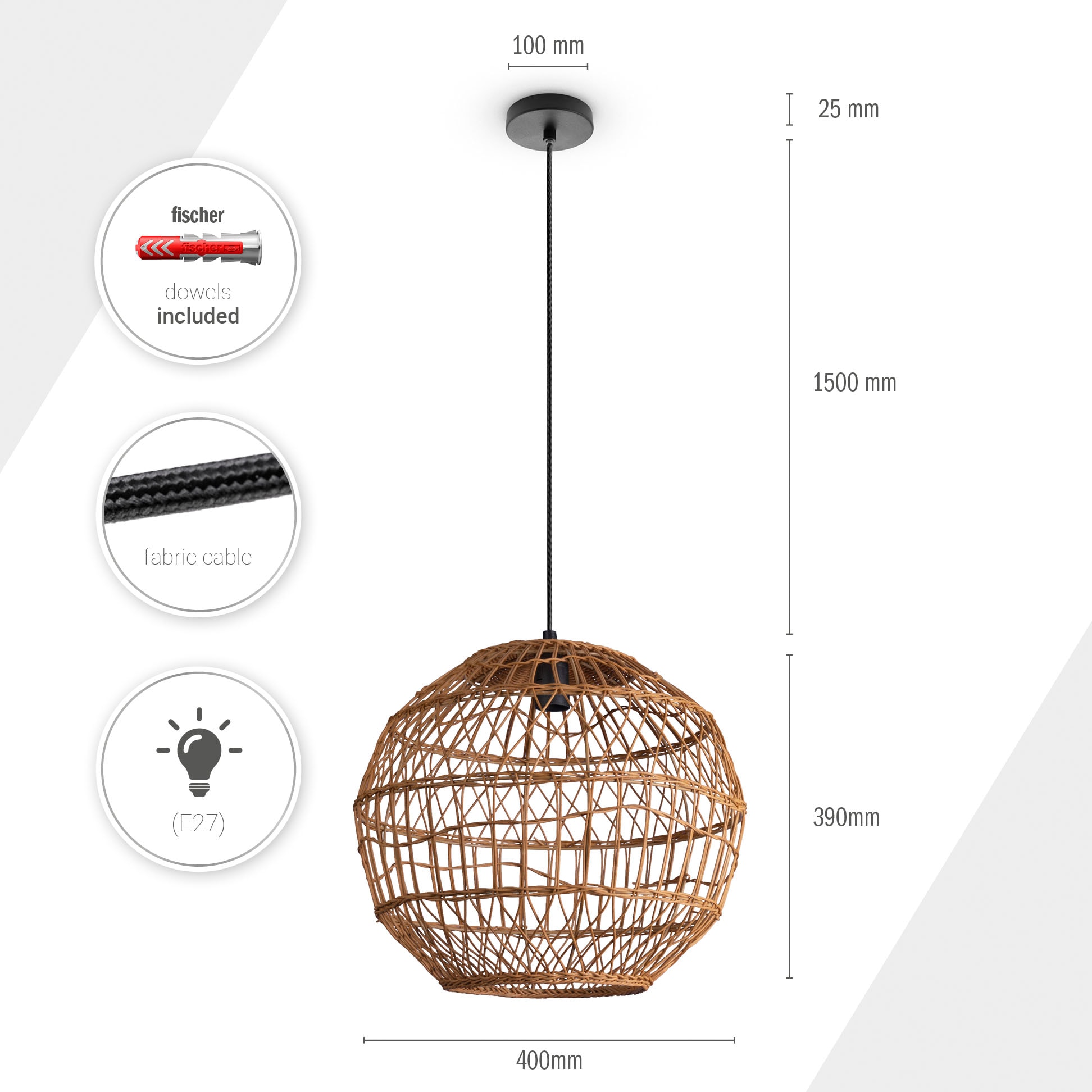 Paco Home Pendelleuchte »MAITE«, Leuchtmittel E27 | ohne Leuchtmittel, Rattan Hängeleuchte Korblampe Rund E27 Boho Stil Modern Wohnzimmer