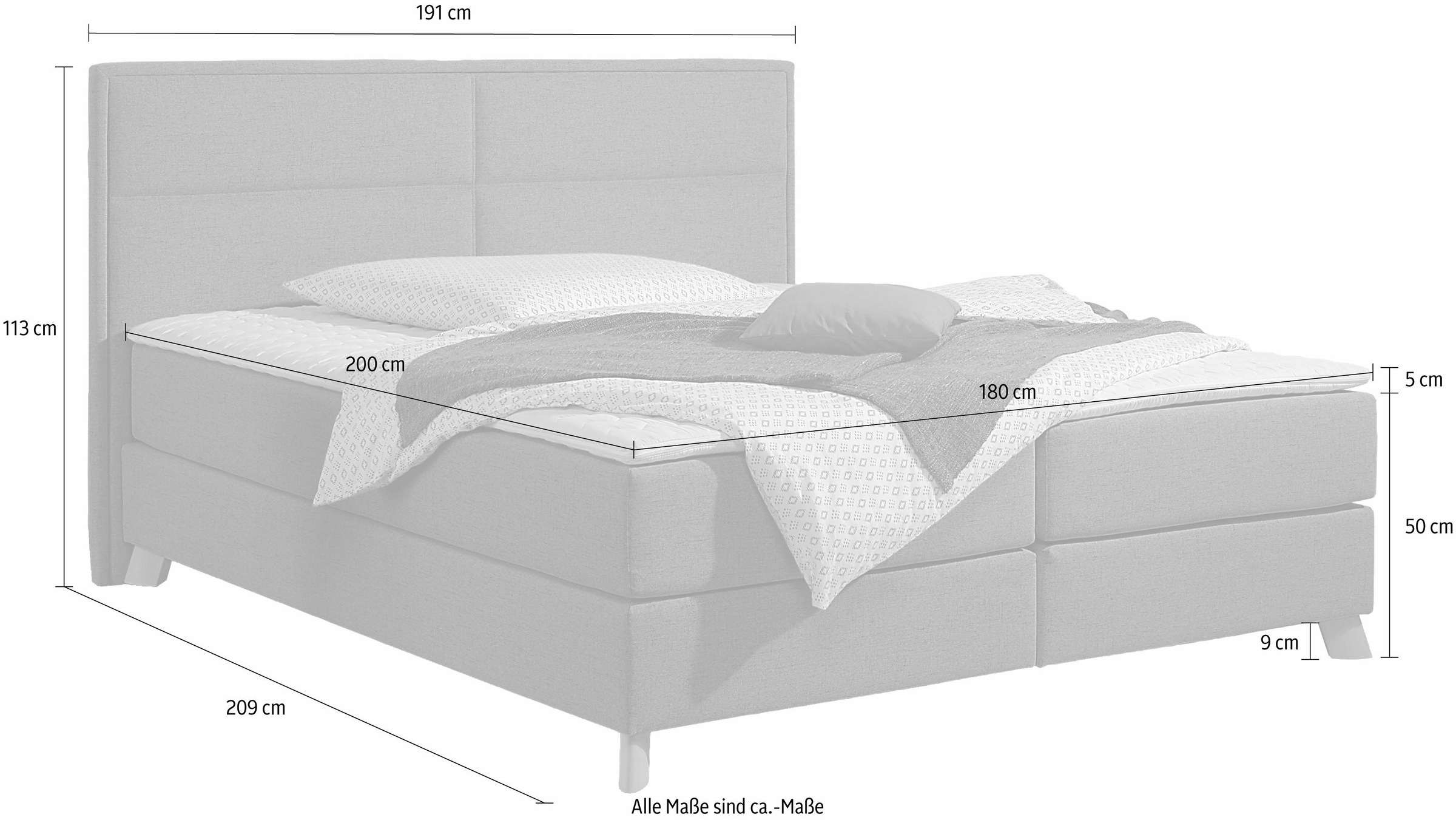 Boxspringbett HOME AFFAIRE "Caria", grau (anthrazit), B:191cm L:209cm, Strukturstoff-Bezug (100% Polyester);Topperbezug 100% Polyester, Komplettbetten, Boxspringbett, in 5 Breiten, 3 Matratzen-Ausführungen, 2 Härtegraden, Topper 6