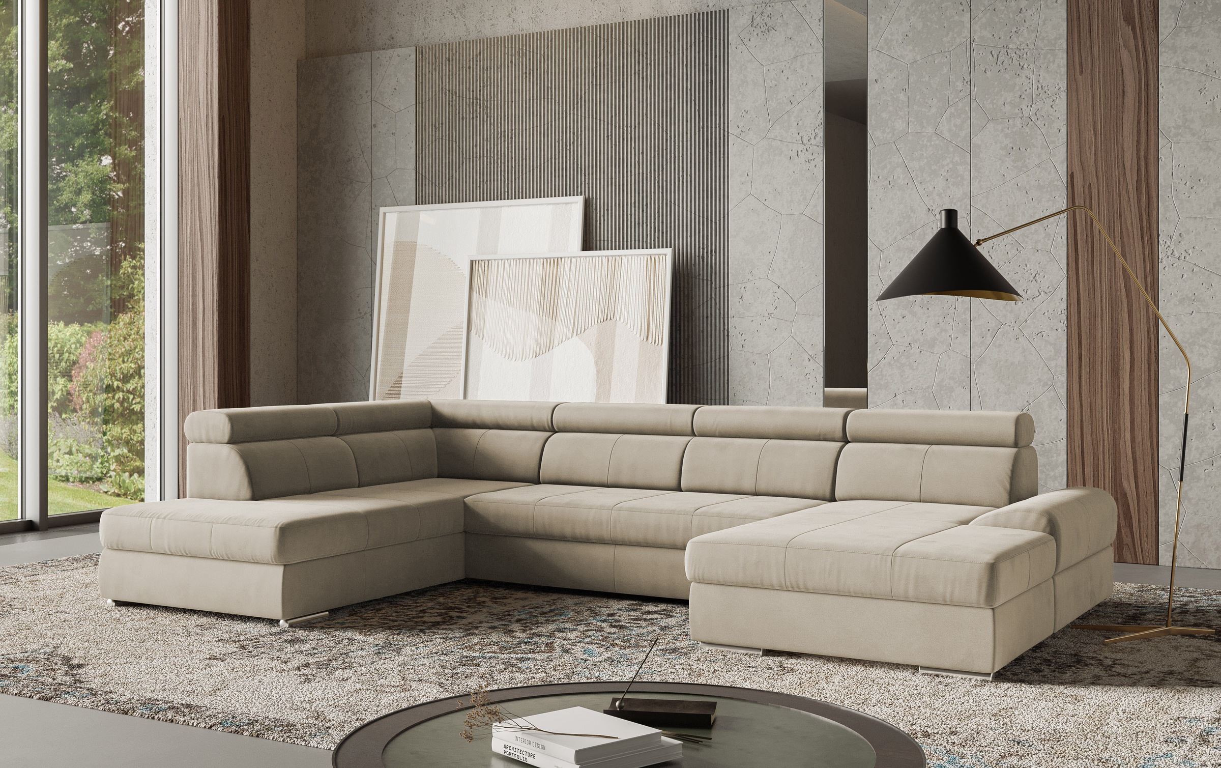Wohnlandschaft SIT & MORE "U-Form", beige (sand), B:345cm H:79cm T:213cm, 100% Polyester, Sofas, Wohnlandschaft, mit verstellbaren Kopfteilen, wahlweise mit Bettfunktion 7
