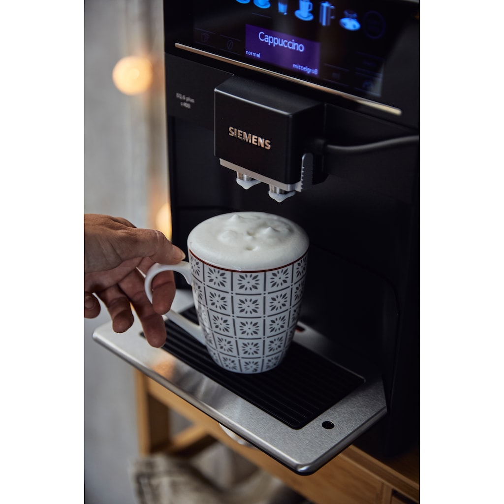 SIEMENS Kaffeevollautomat »EQ6 plus s400 TE654509DE, Doppeltassenfunktion, Keramikmahlwerk«, viele Kaffeespezialitäten, automatische Dampfreinigung, saphirschwarz