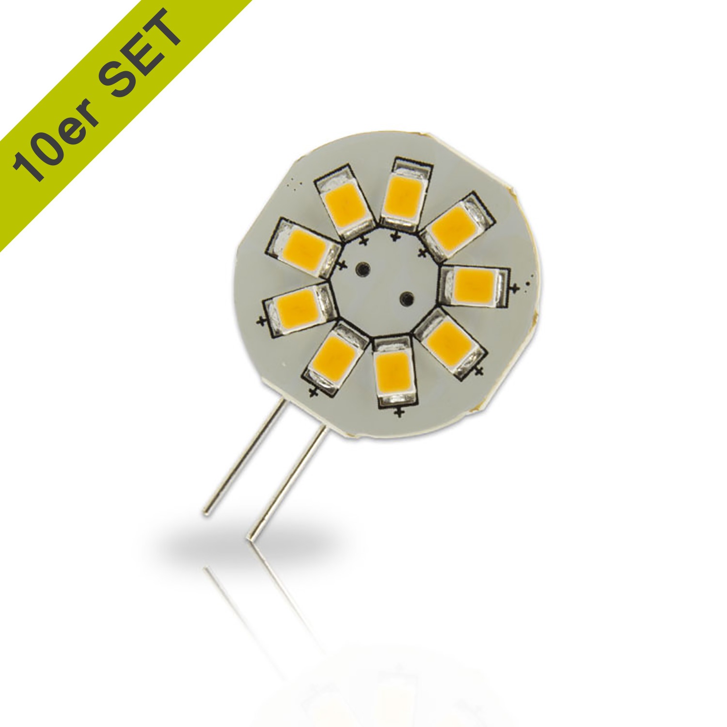 10er-Set mit warmweißem Licht 9SMD, 1,5W, 120°, Pin seitlich G4 LED-Leuchtmittel