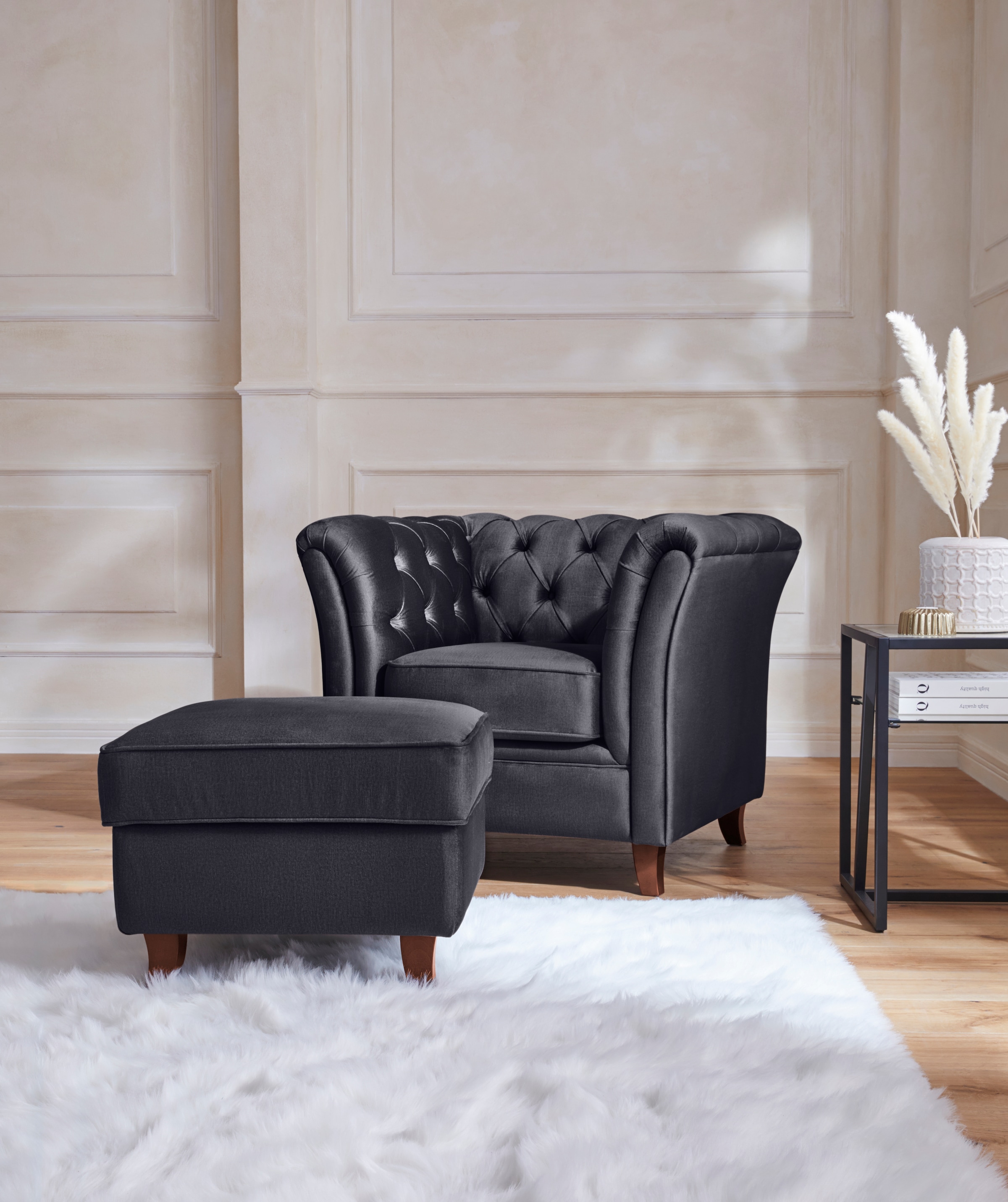 Home affaire Polsterhocker »Reims«, echte Chesterfield-Knopfheftung, Samtoptik mich changierender Optik
