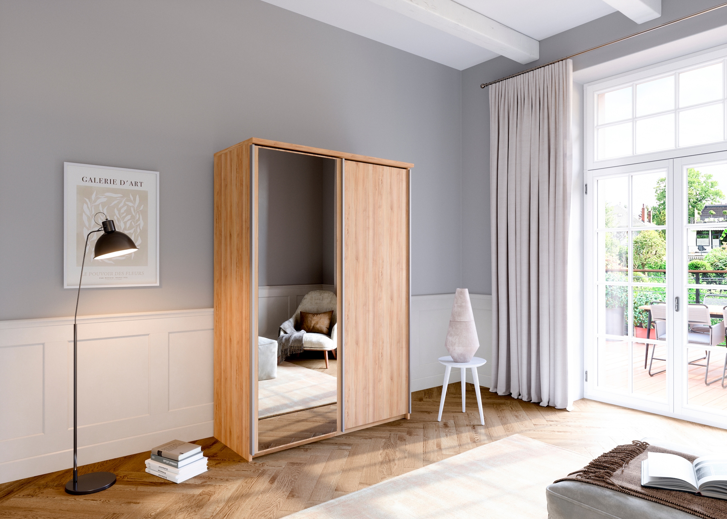 Schwebetürenschrank PRIESS, B:144cm H:211cm T:64,5cm, braun, Schränke, "Arnsberg", mit Spiegel