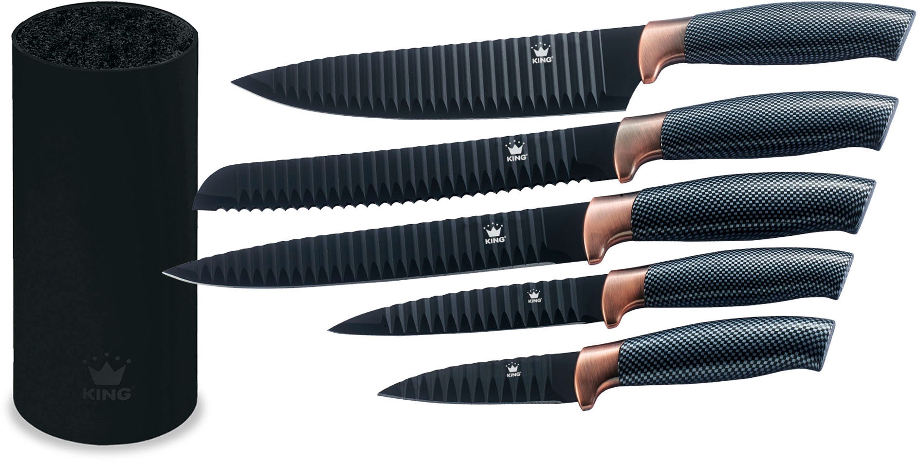 KING Messerblock »FRESHIN CARBON DESIGN«, 12 tlg., Edelstahl-Schüsseln, Kunststoffdecken, Messerklingen m. Riffelstruktur