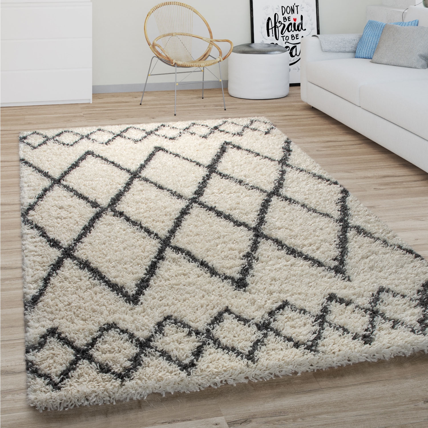 Paco Home Hochflor-Teppich »Kalmar 445«, rund, 40 mm Höhe, Scandi Design, Rauten Muster, weich & kuschelig