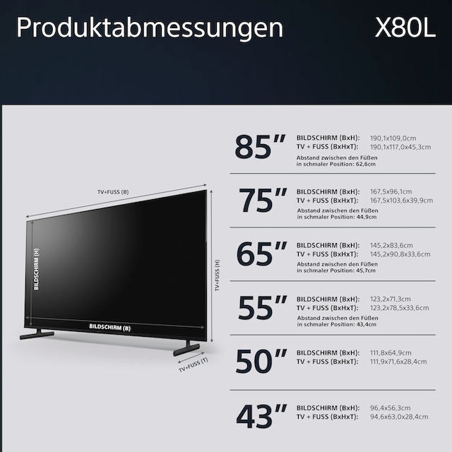 Sony LED-Fernseher »KD-85X80L«, 215 cm/85 Zoll, 4K Ultra HD, Google TV-Smart -TV, HDR, X1-Prozessor, Sprachsuche, BRAVIACore,Triluminos Pro, Gaming-Menü  | BAUR