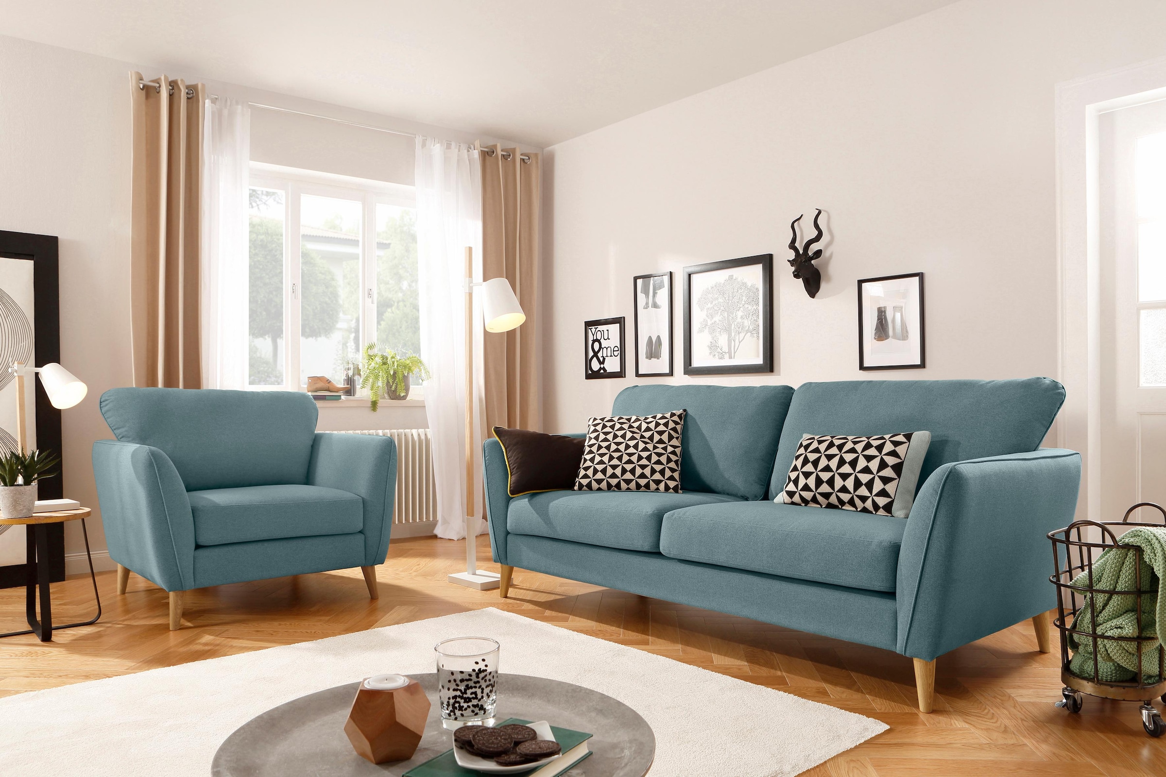 Home affaire 3-Sitzer »MARSEILLE 3er Sofa 206 cm, Cord, Flachgewebe, Struktur, Webstoff«, Massivholzbeine Eiche, Landhausstil, Wellenunterfederung