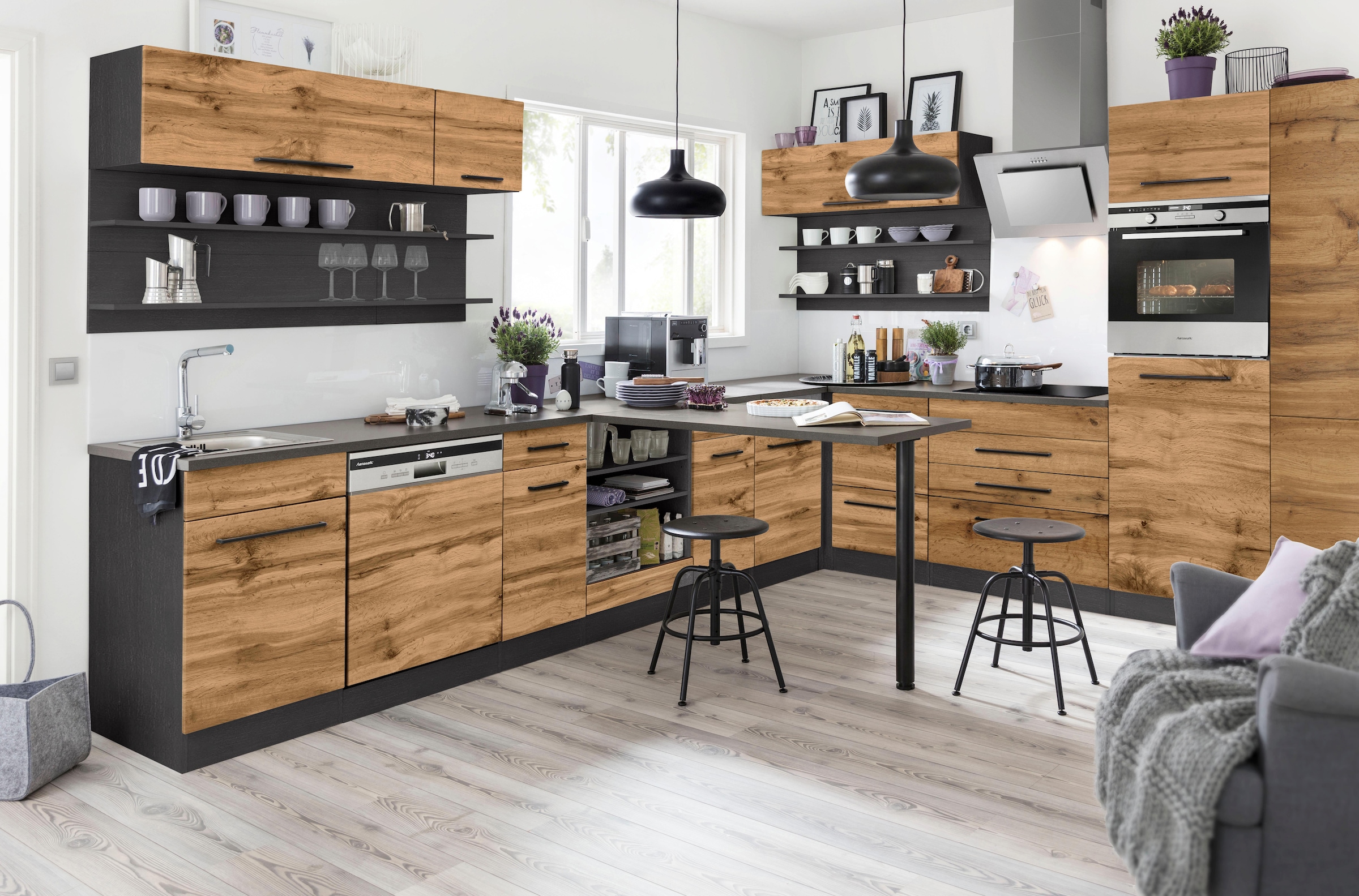 KOCHSTATION Kochfeldumbauschrank »KS-Tulsa« 80 cm breit, 2 Schubladen, 1 großer Auszug, schwarzer Metallgriff
