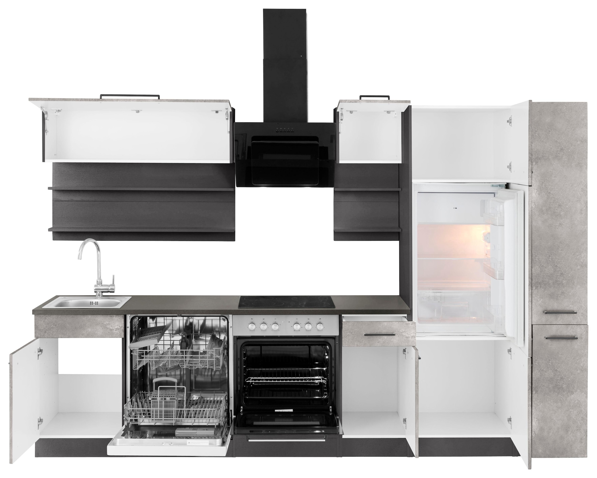 KOCHSTATION Küchenzeile »KS-Tulsa«, mit E-Geräten, Breite 300 cm, schwarze Metallgriffe, MDF Fronten