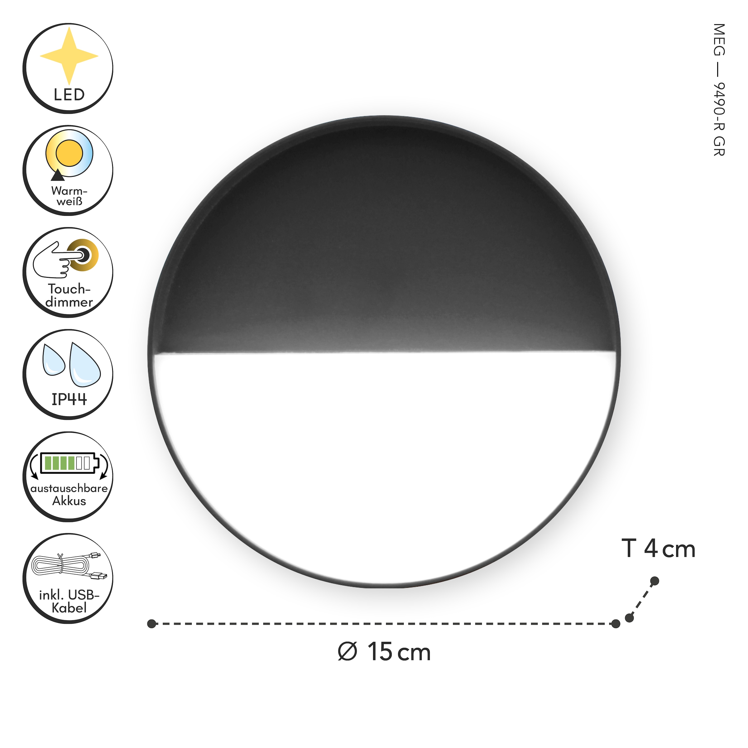 ECO-LIGHT LED Außen-Wandleuchte »LED-Wandleuchte MEG anthrazit«, 1 flammig, Leuchtmittel LED-Board | LED fest integriert, Akku-Licht für Innen & Außen