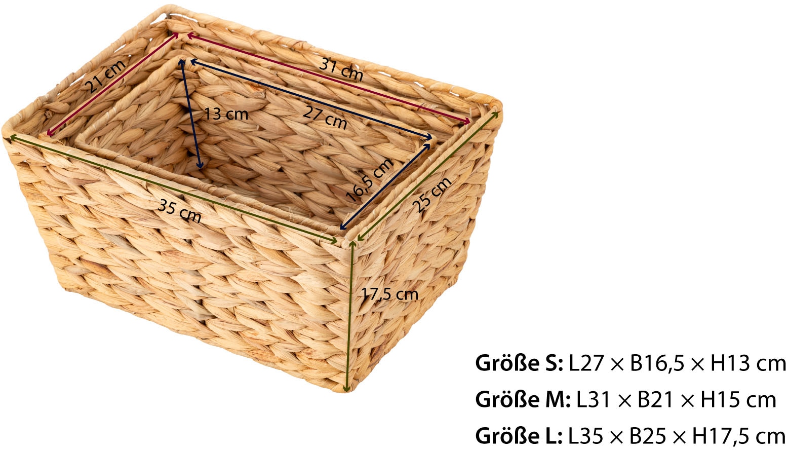 ECHTWERK Aufbewahrungskorb »Rechteckiger Flechtkorb«, (Set, 3 St.), aus Wasserhyazinthe, handgeflochten