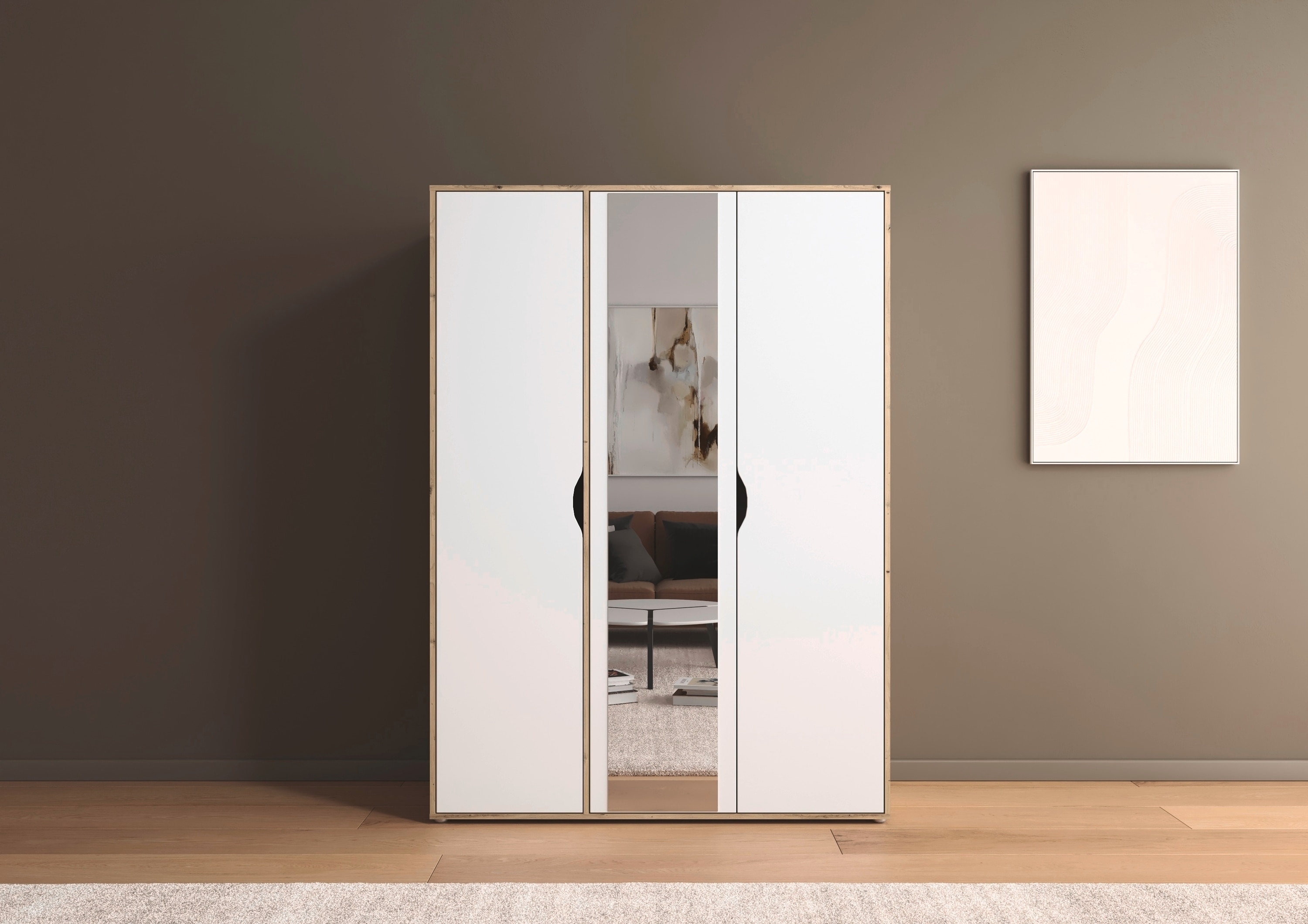 rauch Drehtürenschrank "Kleiderschrank Schrank Garderobe Wäscheschrank NARAI mit Spiegel" in 3 verschiedenen Ausstattungen BASIC/CLASSIC/PREMIUM, Griffausfräsungen für eine grifflose Optik TOPSELLER MADE IN GERMANY