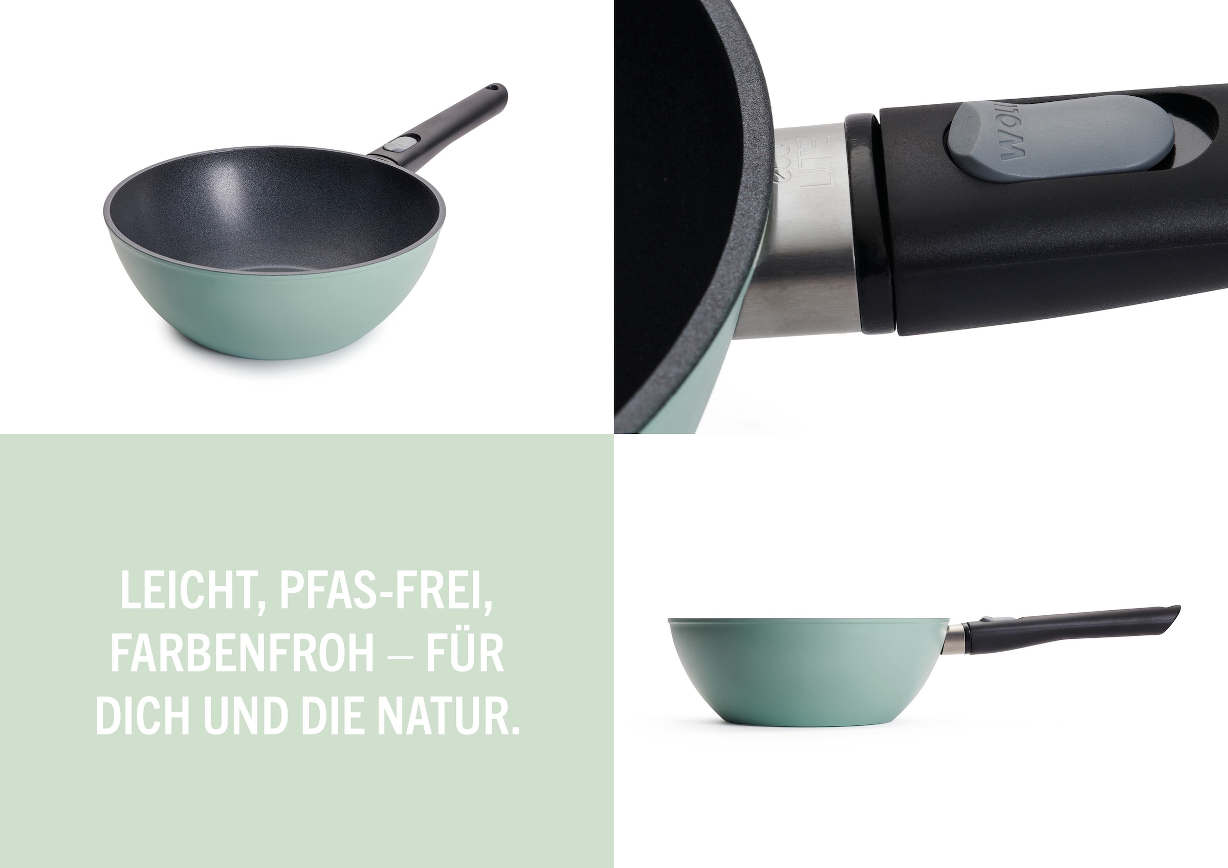 WOLL MADE IN GERMANY Wok »Ecolour Ø 24 cm inkl. Deckel« Aluminiumguss Set, 2 tlg. abnehmbarer Stiel