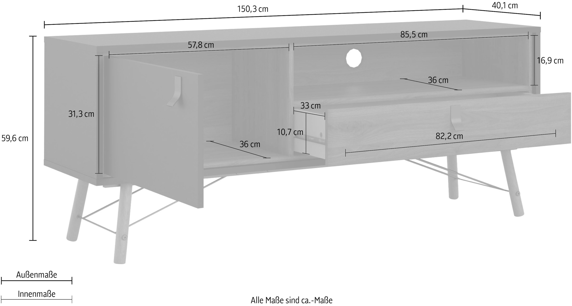 andas TV-Board »TV-Möbel, Fernsehtisch, TV-Unit, Media-Möbel, Sideboard,«, TV-Kommode, Breite/Höhe 150/60 cm, 1 Tür, 1 offenes Fach, 1 Schublade