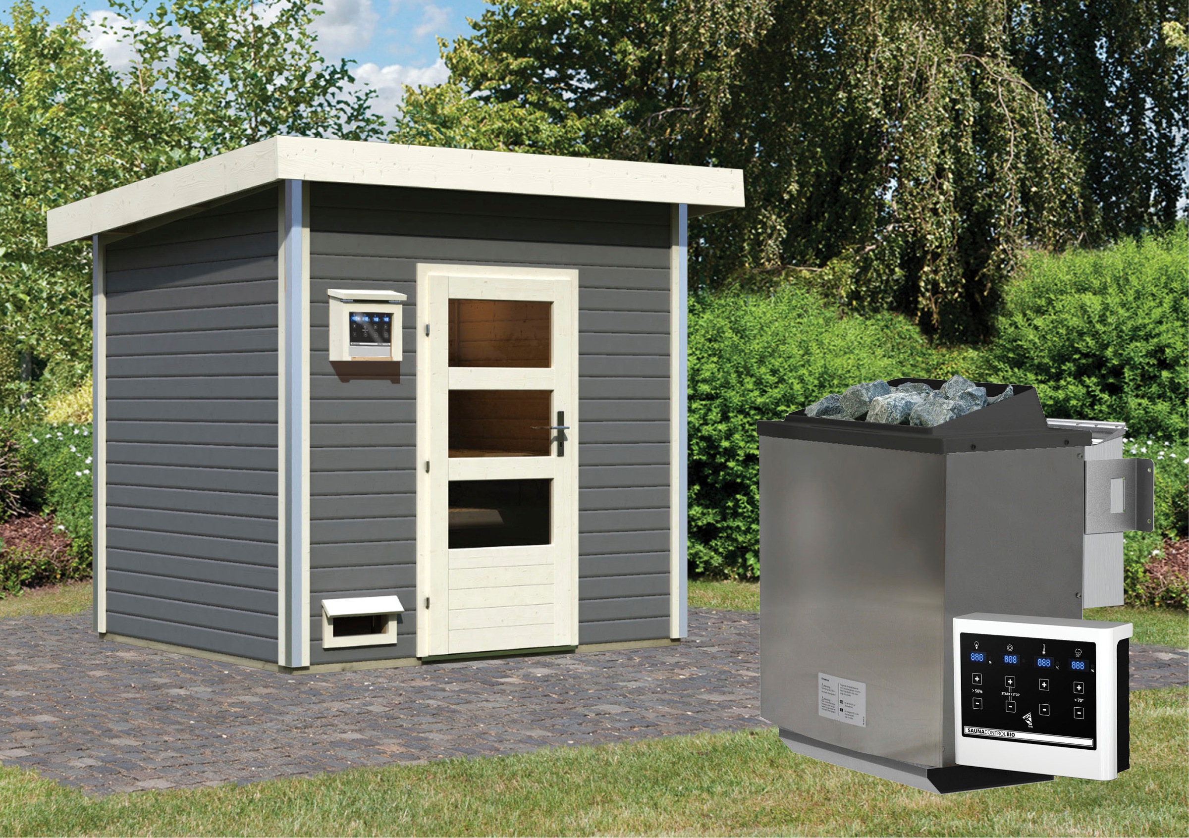 Karibu Saunahaus »Ralf«, moderne Tür, Ofen 9 kW Bio ext. Strg.