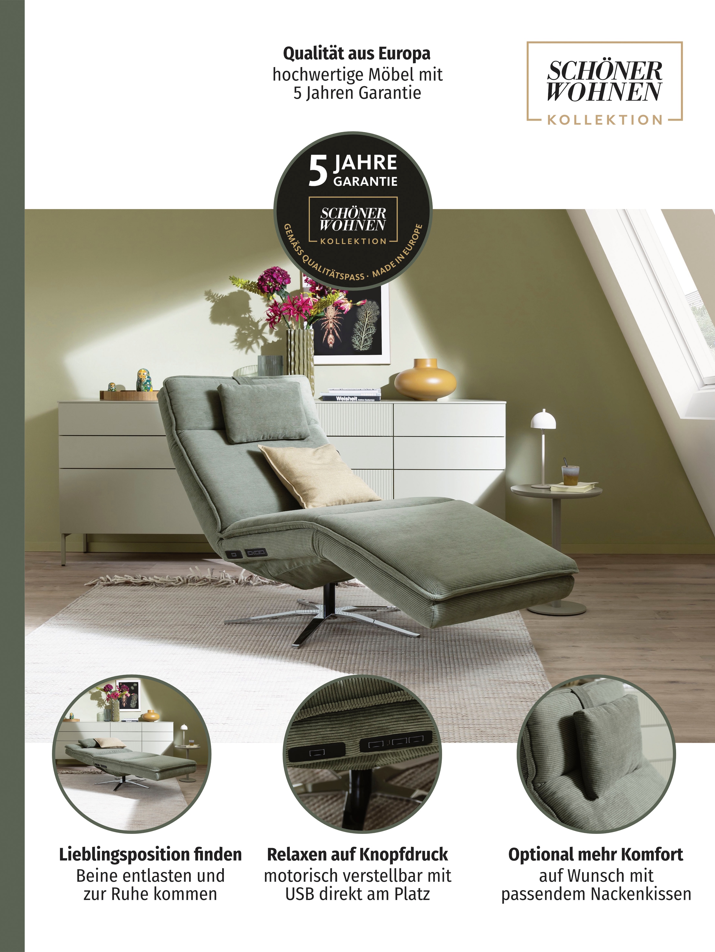 SCHÖNER WOHNEN-Kollektion Relaxsessel »Belize, Ergonomischer Liege-Luxus zum Entspannen« Herz-Waage-Position, motorische Verstellung & USB-Anschluss