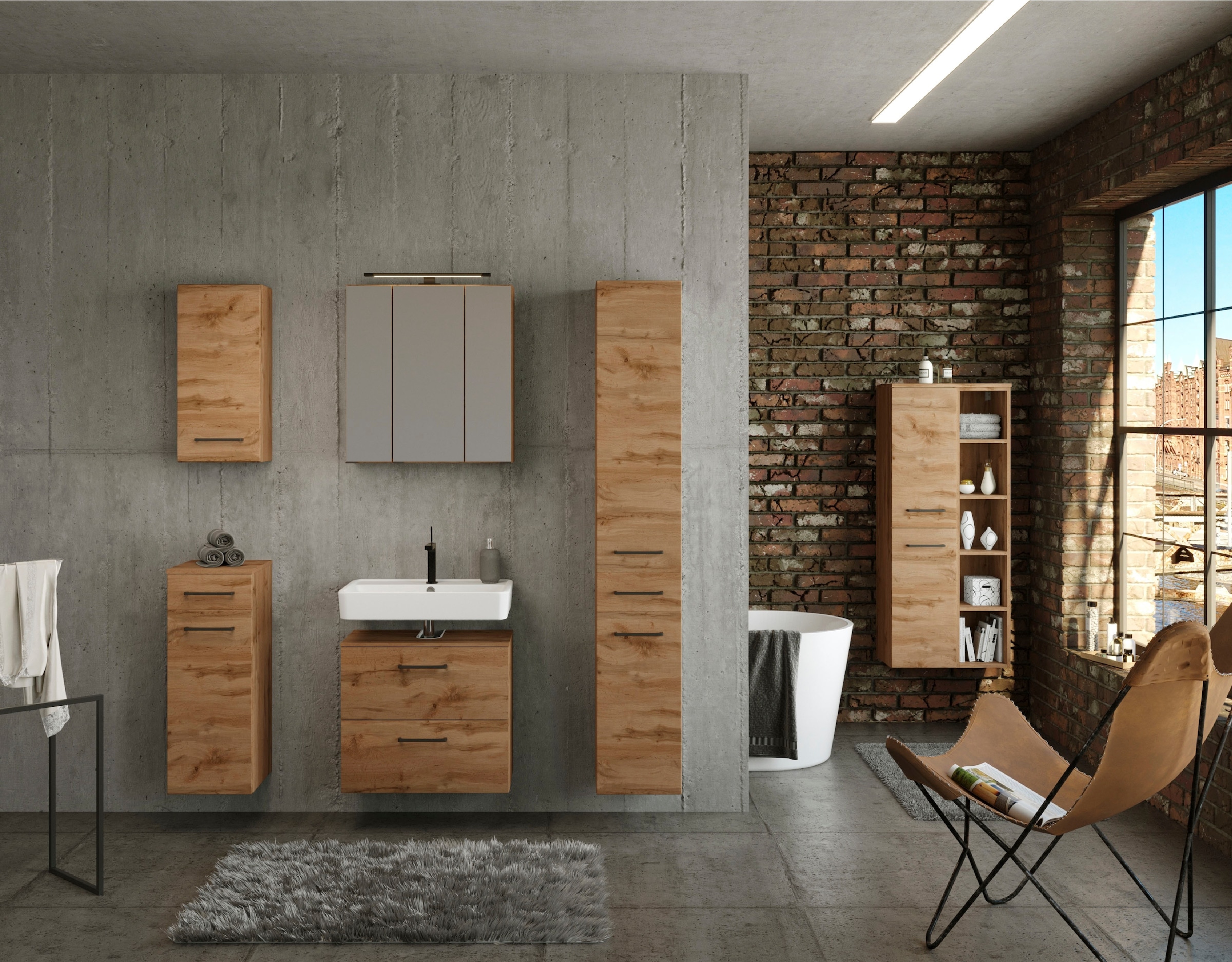 welltime Badmöbel-Set »Chicago«, (5 St., Spiegelschrank, Unterbeckenschrank, Hängeschrank, Unterschrank etc.)