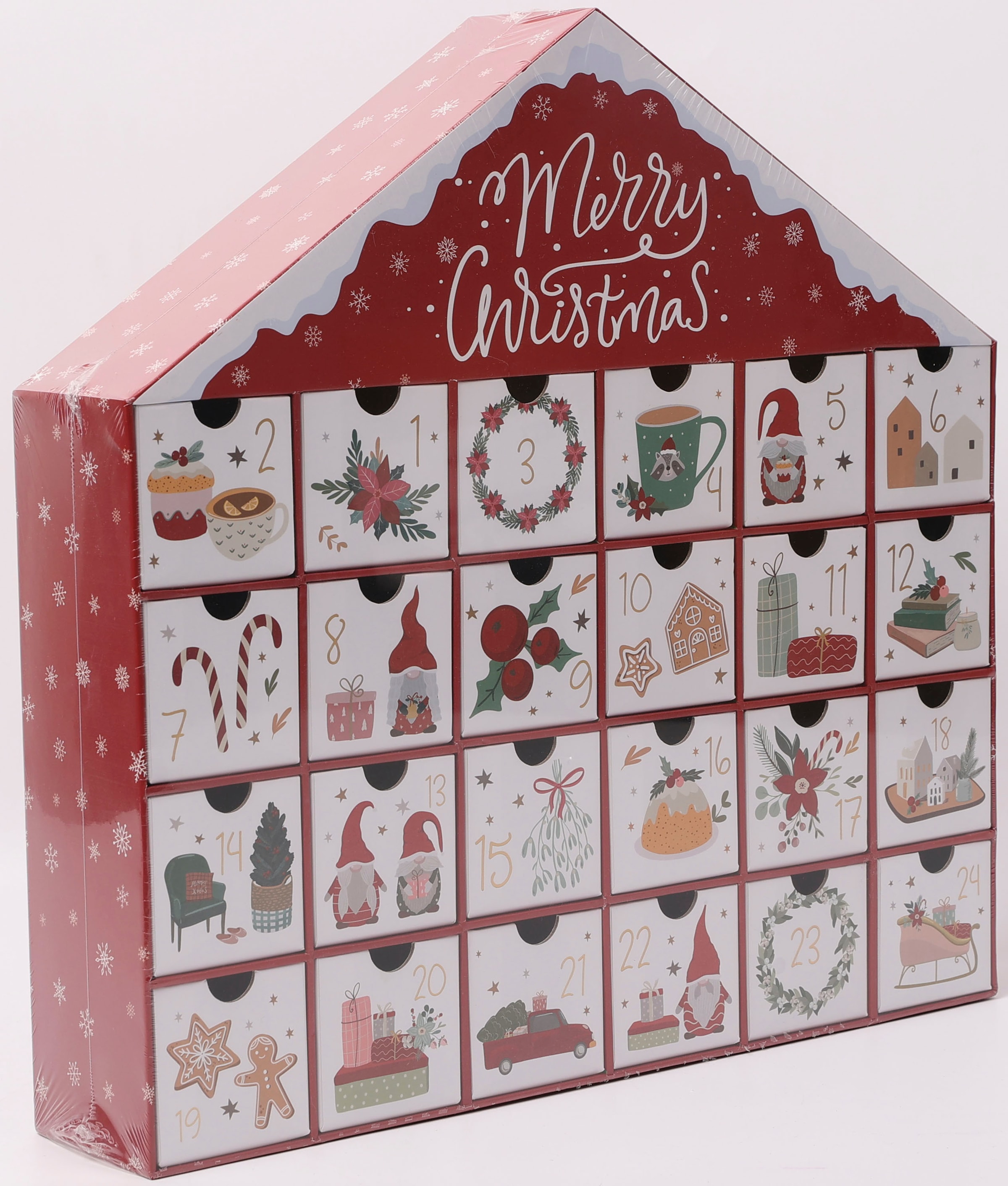 OTTO home Adventskalender »Haus mit weihnachtlichen Motiven auf den Schubladen« Es liegt keine Altersempfehlung vor unbefüllt, ca.40x40cm, wiederverwendbar