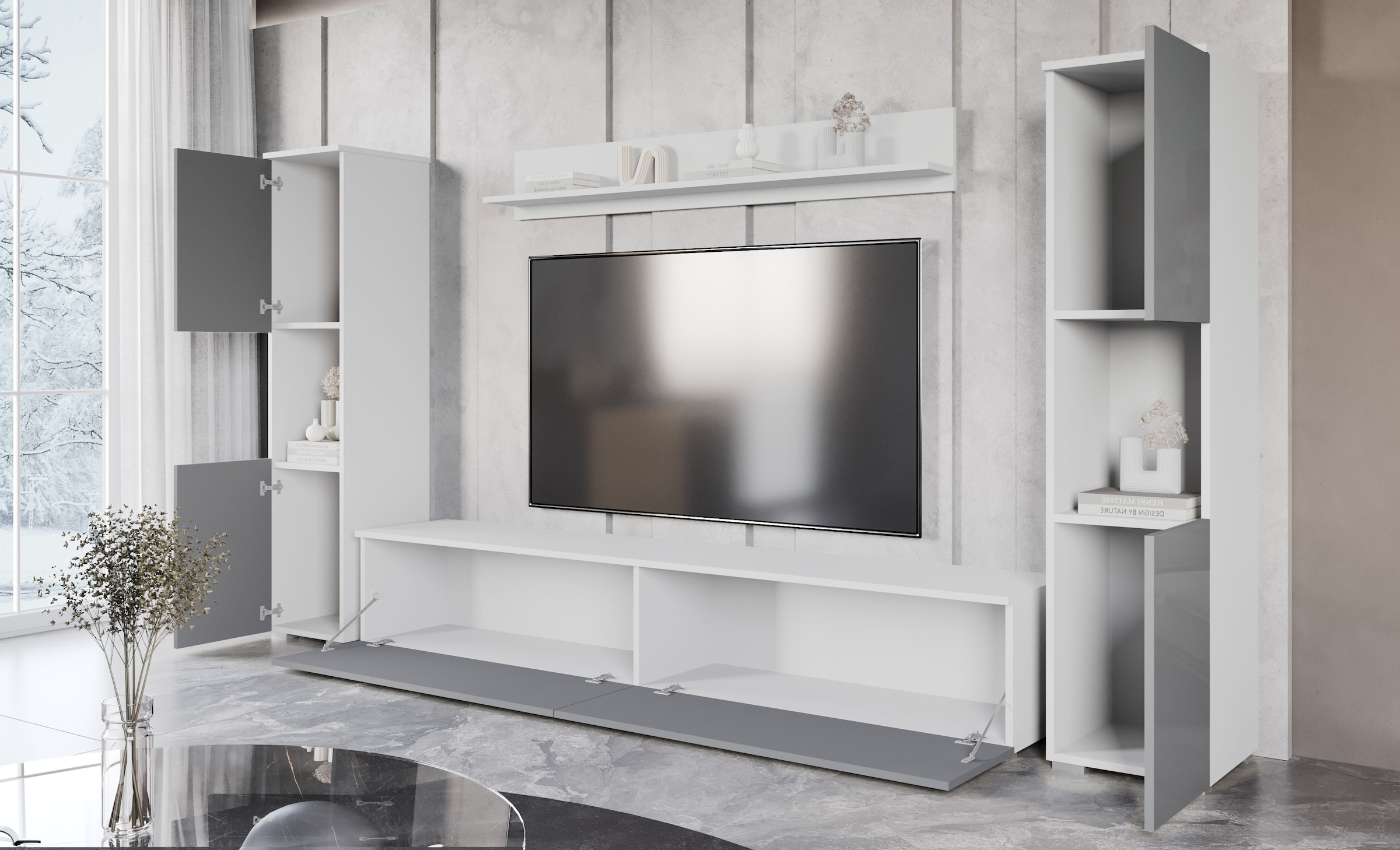 INOSIGN Wohnwand »PARIS, Vitrine Türanschlag links/rechts wechselbar«, (Komplett-Set, 4 St.), grifflose Design, stehend und hängend montierbar