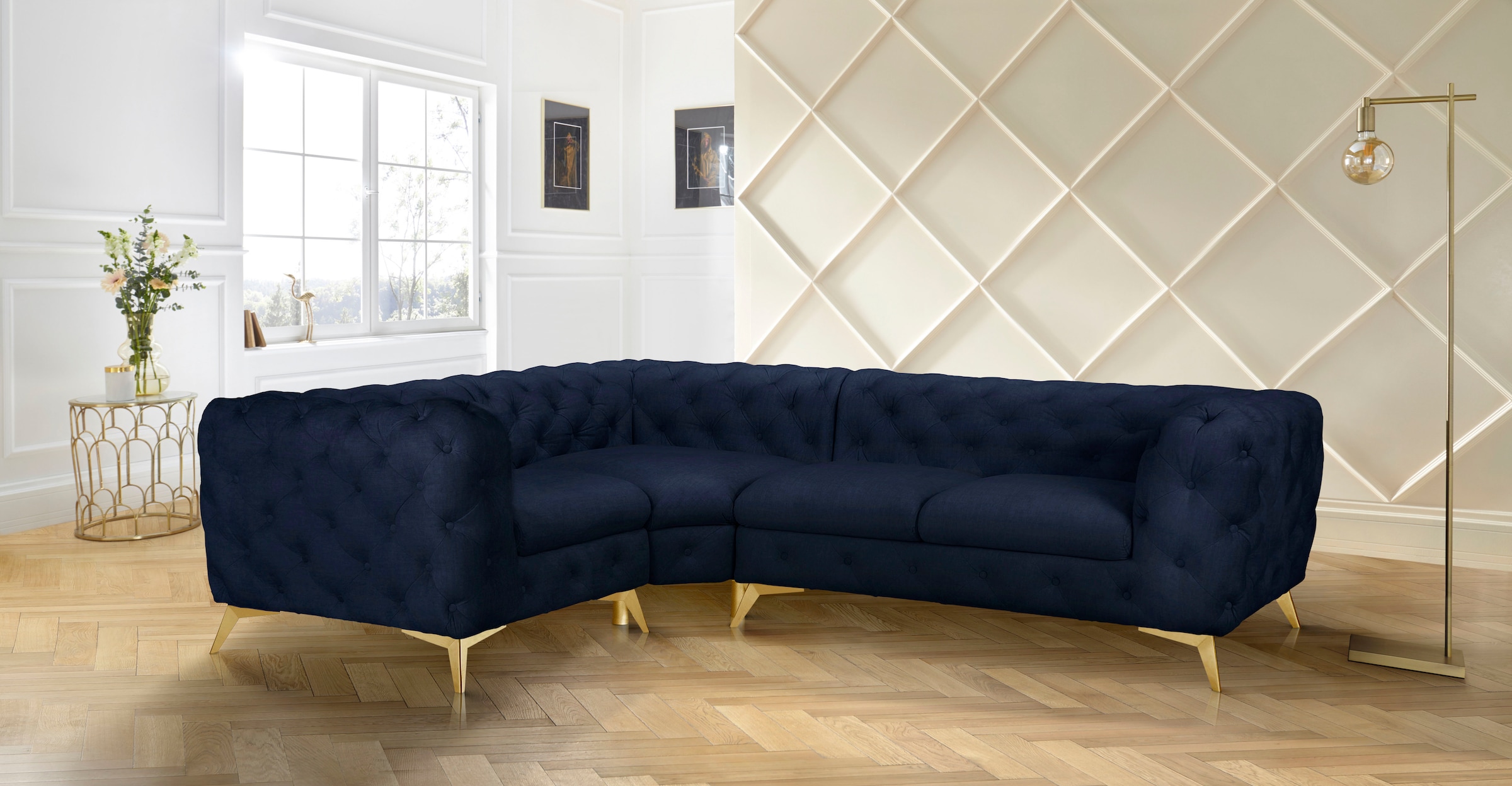 Leonique Chesterfield-Sofa »Ecksofa GLYNIS L-Form mit Wellenunterfederung, Maße B/T/H 264/204/75cm«, aufwändige Knopfheftung, moderne Chesterfield Optik, Fußfarbe wählbar