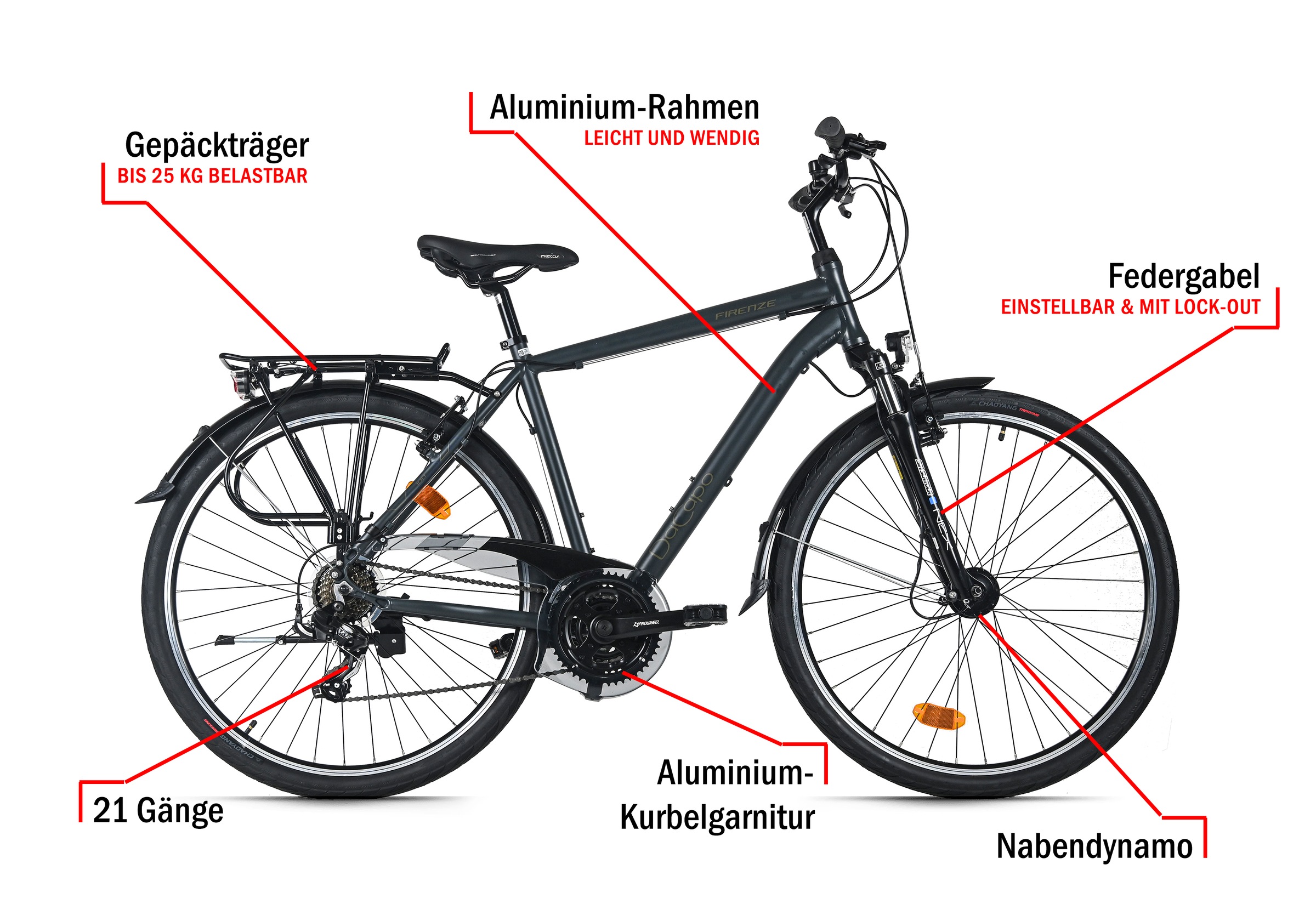 Dacapo Trekkingrad »Firenze 100 Anthrazit 21 Gänge RH 53 cm V-Brakes« 21 Gang Shimano Tourney Schaltwerk Kettenschaltung