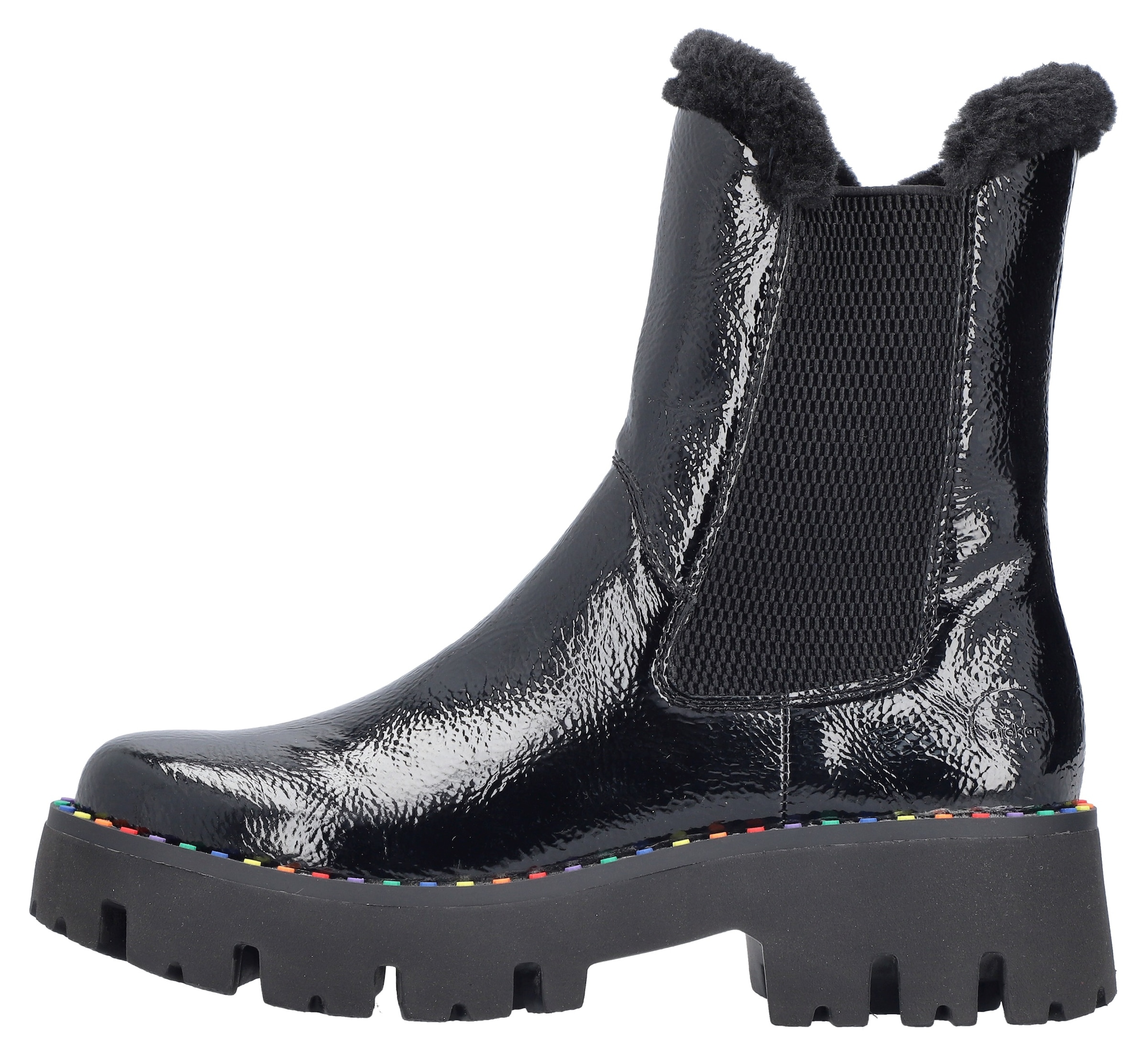 Rieker Winterstiefelette, Plateauboots, Winterboots, Lack-Stiefelette mit buntem Sohlenrand