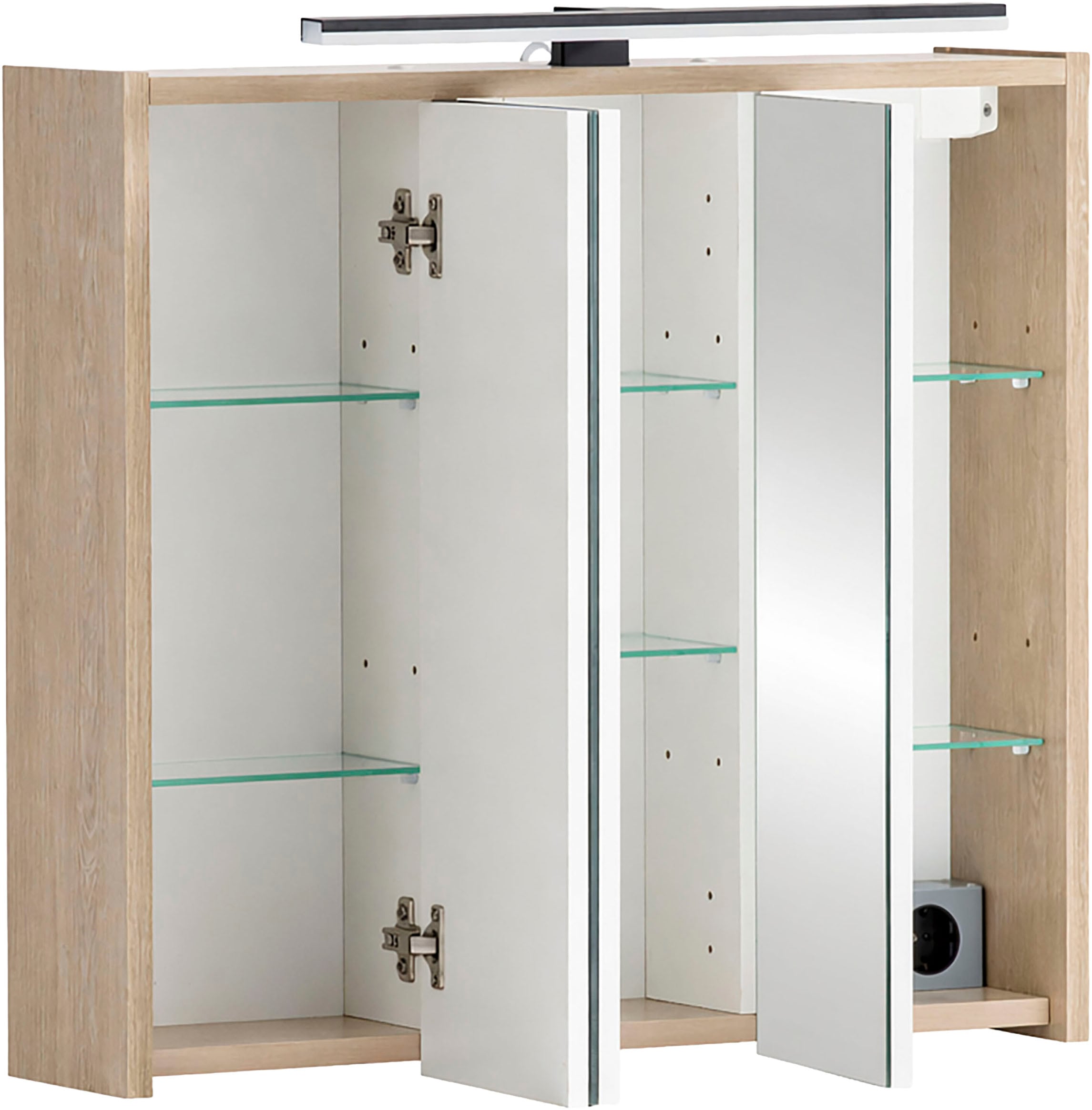 Schildmeyer Spiegelschrank »PIAZZA, inkl. Beleuchtung, Breite 65 cm, 3 Türen, MADE IN GERMANY« 1 Stk. tlg. Schalter-/Steckdosenkombination hinter der Tür, MADE IN GERMANY