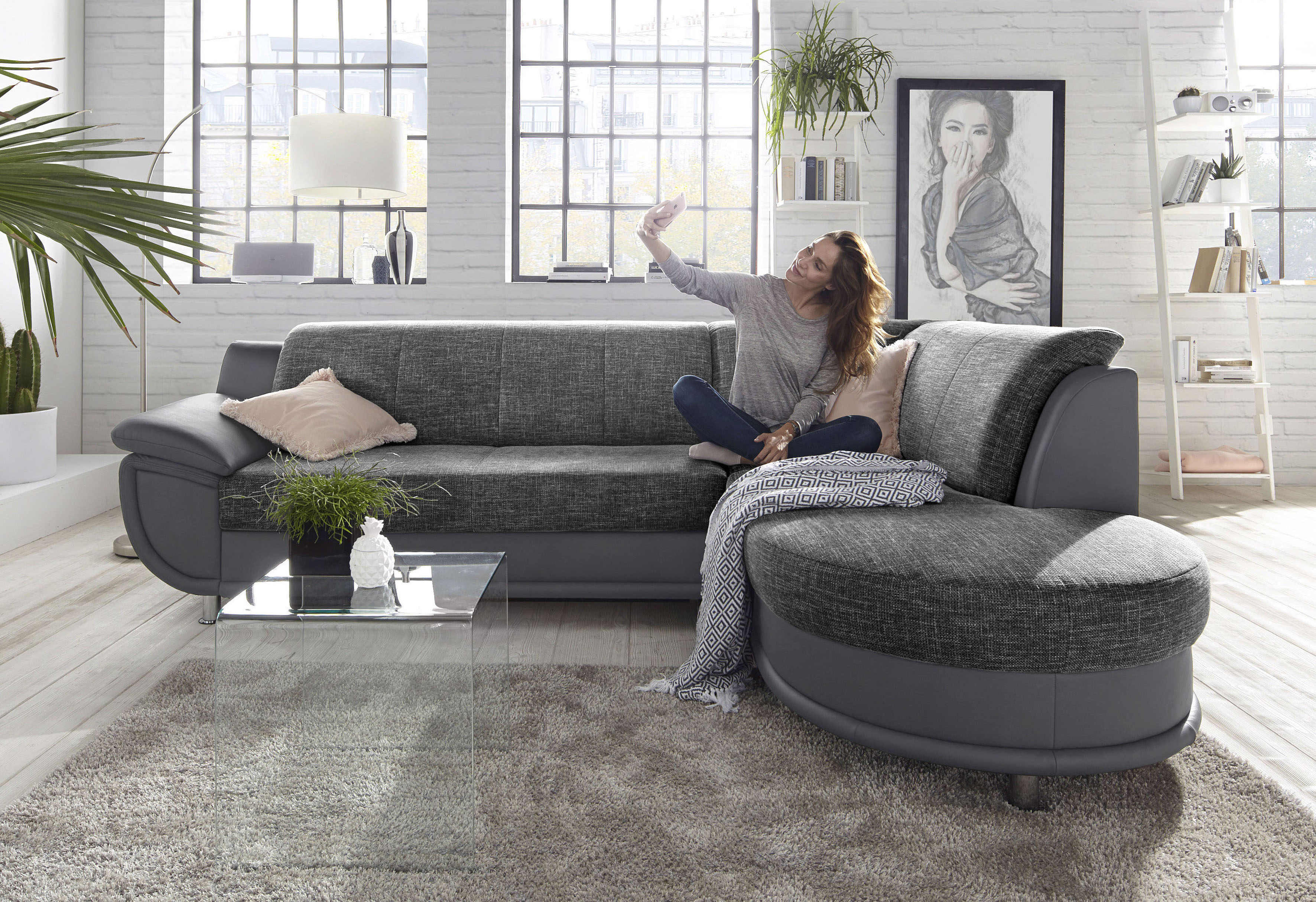 TRENDMANUFAKTUR Ecksofa "Rondo 3, zeitlos & bequem, Materialmix, L-Form, Breite 265cm" wahlweise mit Federkern für mehr Komfort, wahlweise mit Bettfunktion