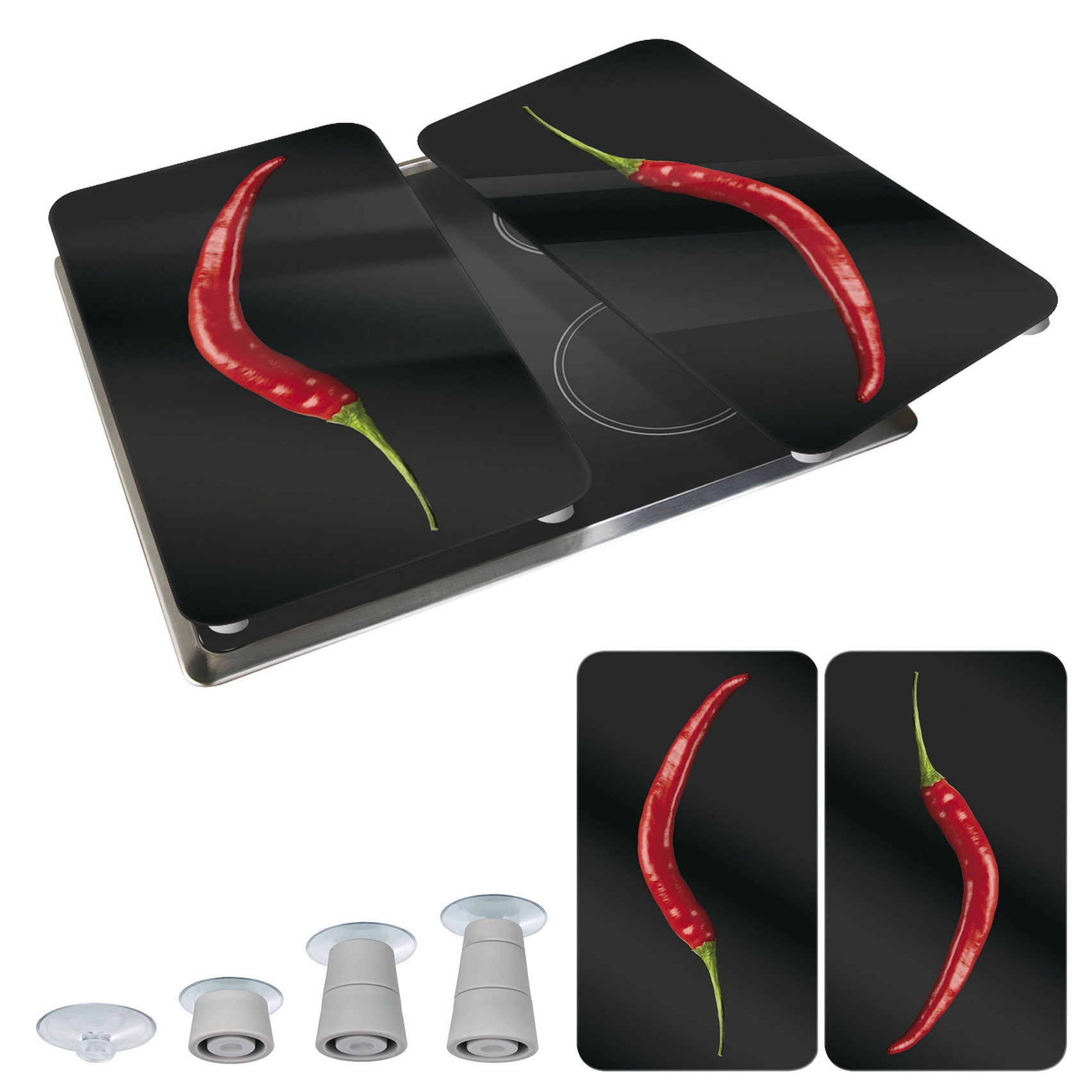 WENKO Herd-Abdeckplatte »Universal Modell Hot Peperoni«, (Set, 2 tlg.), Herdabdeckung für alle Herdarten, kratzfest, mit rutschfesten Füßen