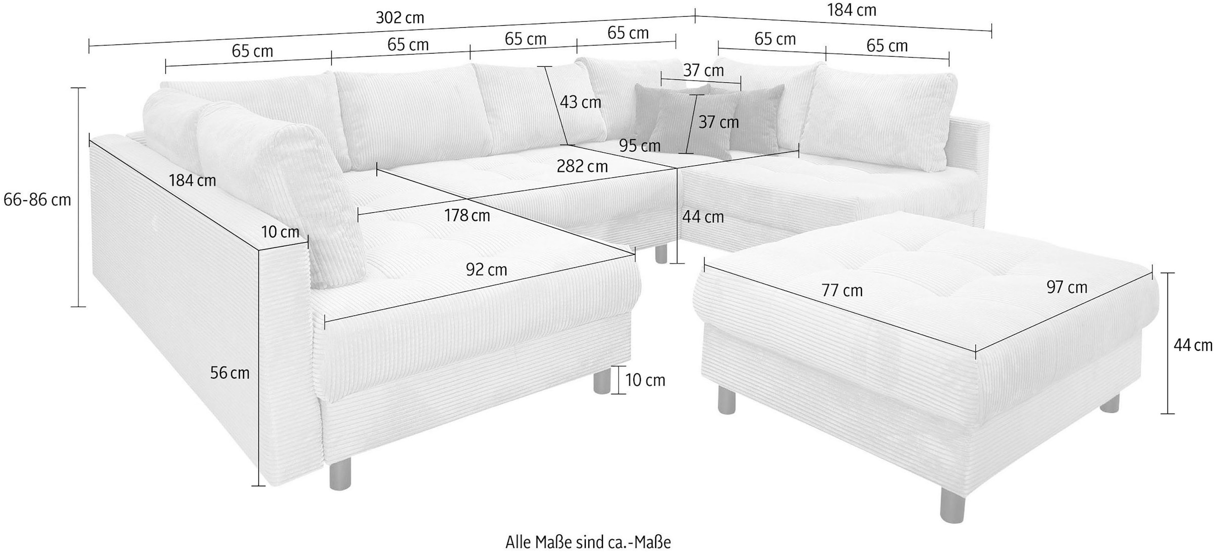 OTTO home Wohnlandschaft »Antonia U-Form, B: 298 cm« Wohnlandschaft, Rückenkissen, 2 ottomane, Komfortablem Bonnelfederkern