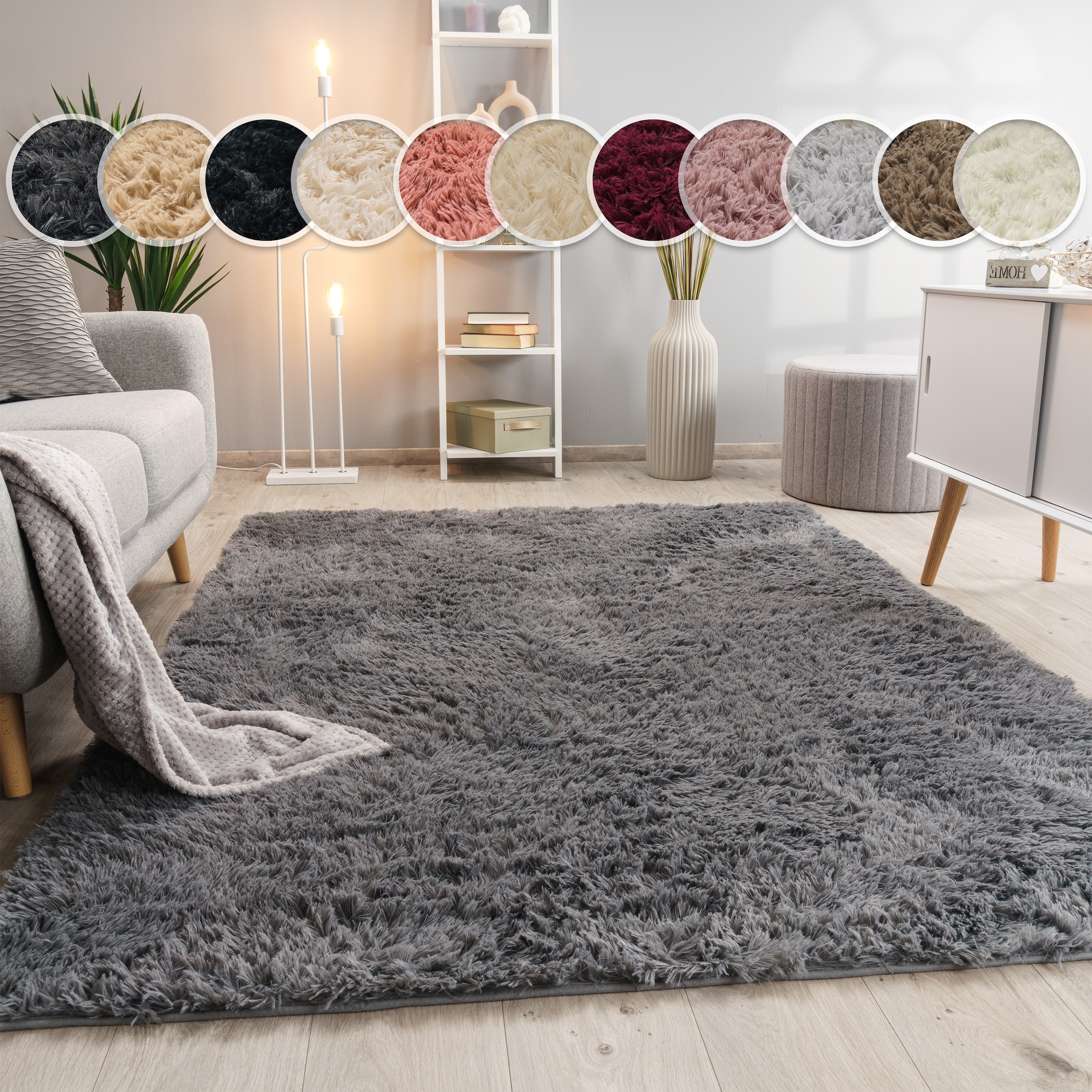 Hochflor-Teppich PACO HOME "Silky 591", grau, B:60cm H:37mm L:100cm, Polyester, Teppiche, Uni-Farben, besonders weich und kuschelig