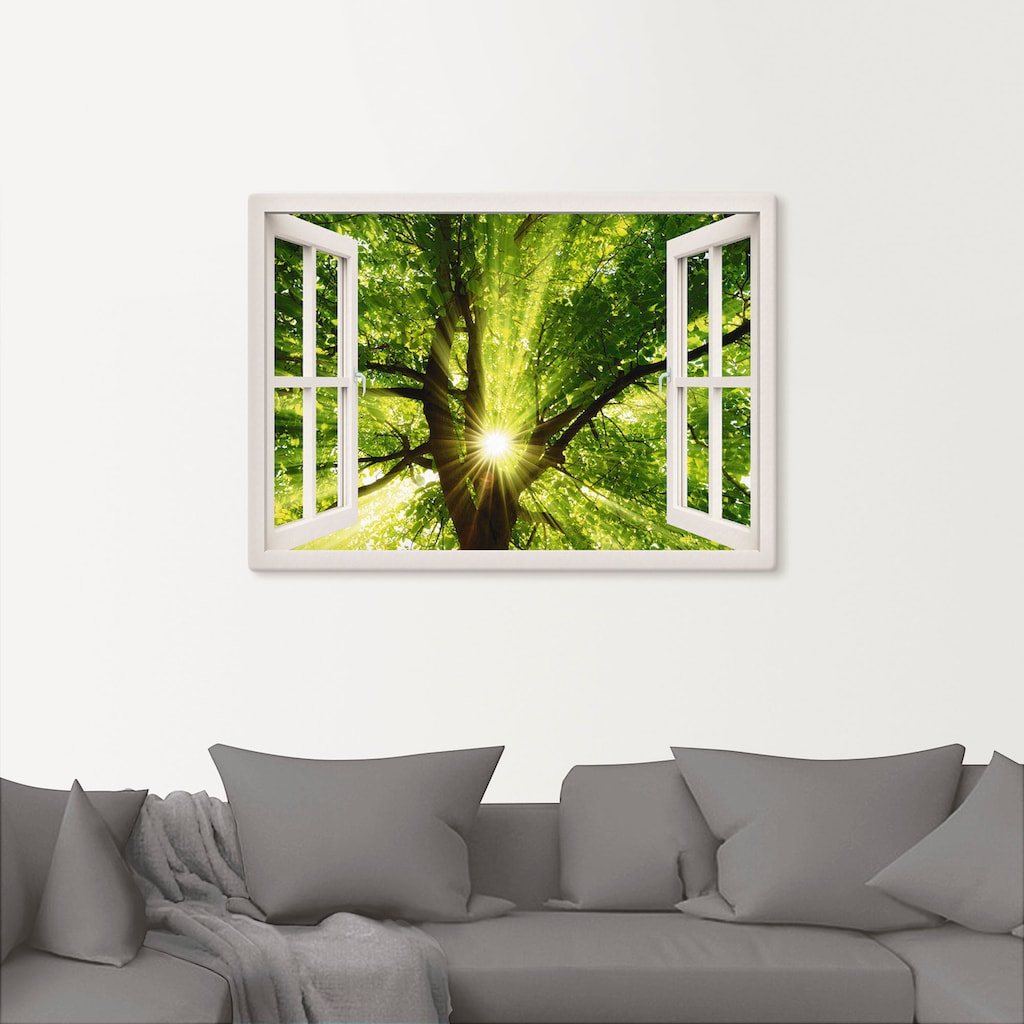 Artland Leinwandbild »Fensterblick Sonne strahlt durch Baum«, Bäume, (1 St.)