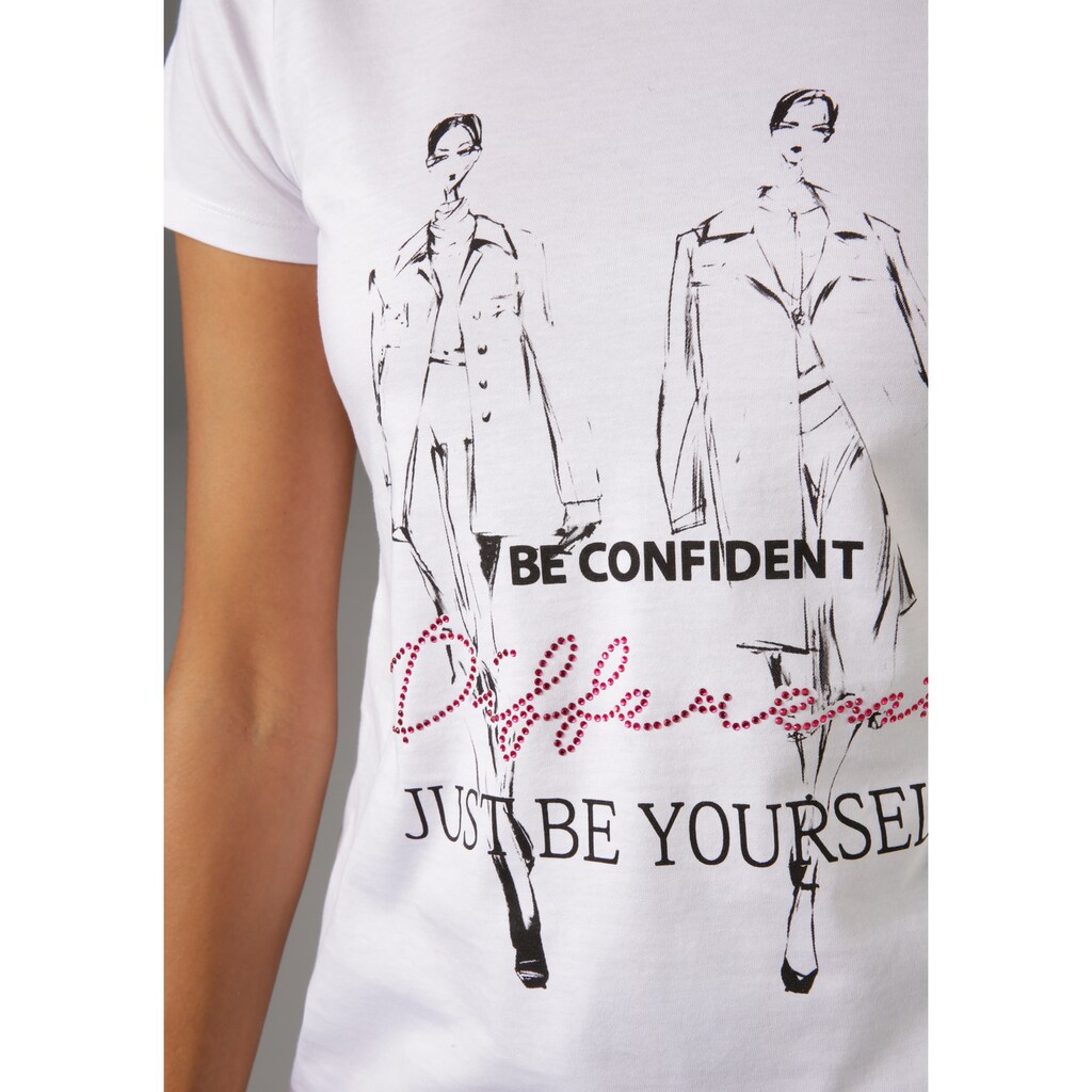 Damenmode Shirts & Sweatshirts Aniston CASUAL T-Shirt, Frontdruck mit Statement und roten Glitzersteinchen weiß-schwarz-rot Damenmode Shirts & Sweatshirts Aniston CASUAL T-Shirt, Frontdruck mit Statement und roten Glitzersteinchen weiß-schwarz-rot